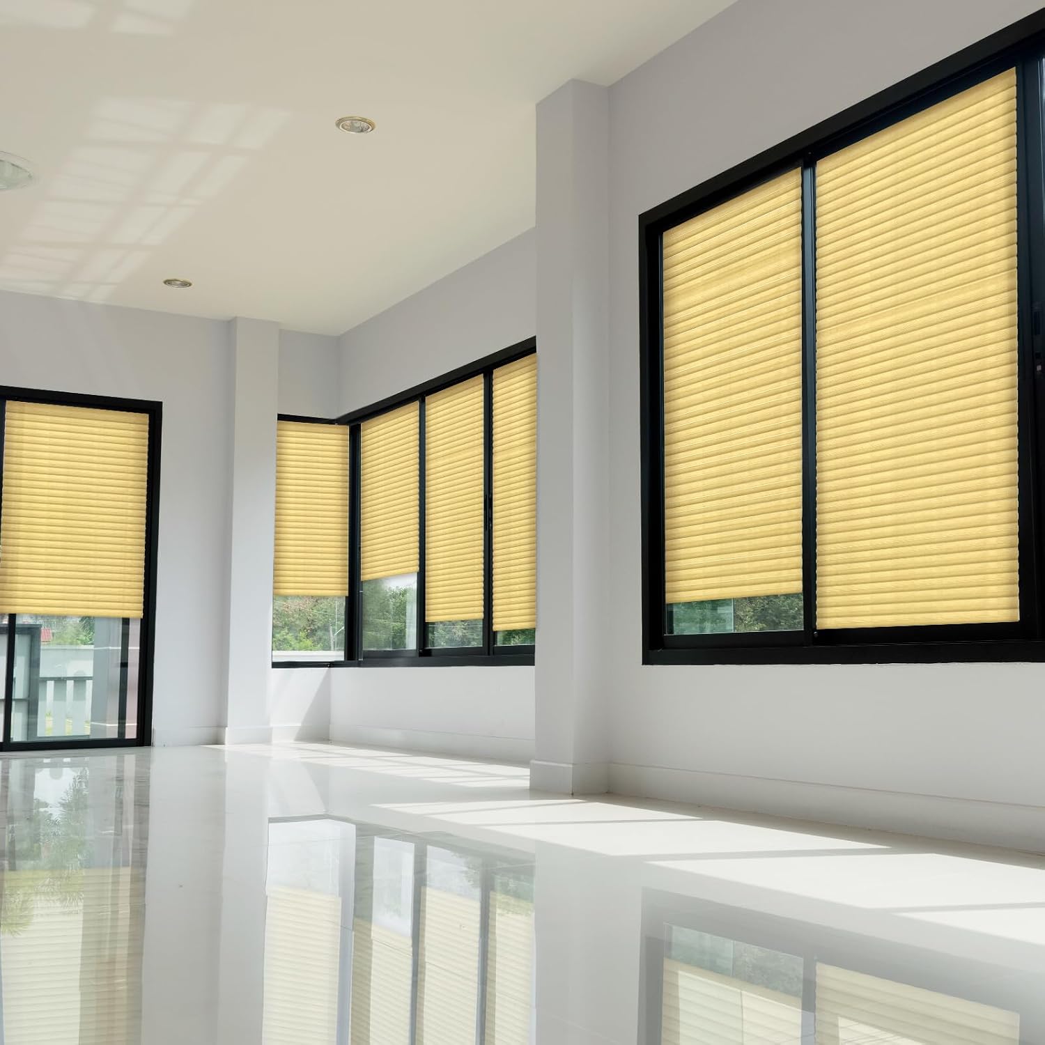 Threehoney 2 Pcs 35 x 110 inches Temporary Blinds No Tools Cut to Size Fabric Paper Shades Adhesive Privacy Blinds for French Door Sliding Door Window Light Filtering Pleated Shades (Beige)