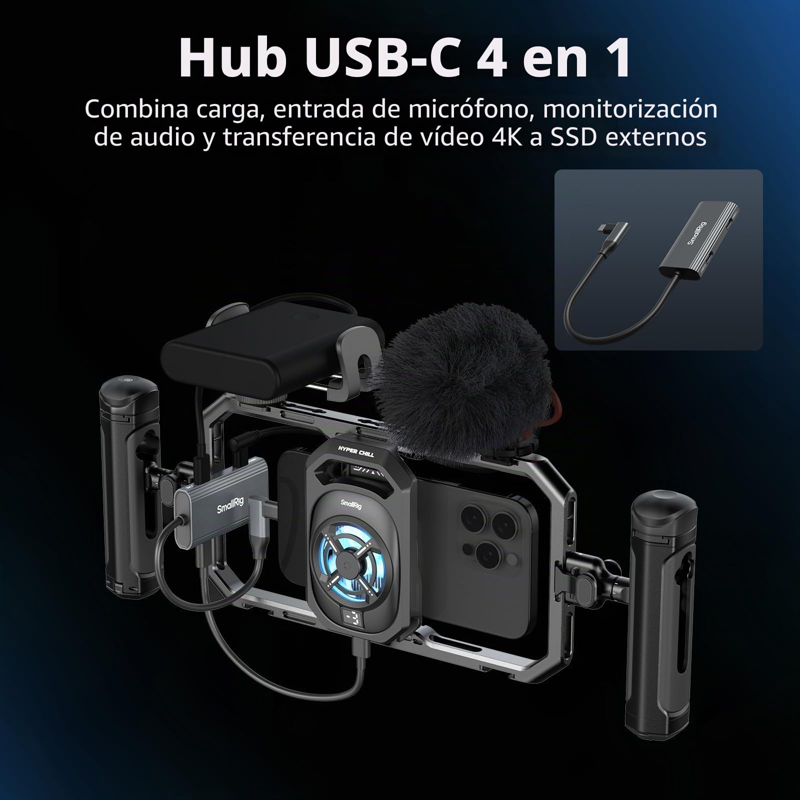 SMALLRIG Jaula para Teléfono con Refrigeración - Ventilador 15W, Hub 4 en 1, Soporte Power Bank, Compatible 2.5 3.1 Pulgadas, para Streaming - 5276