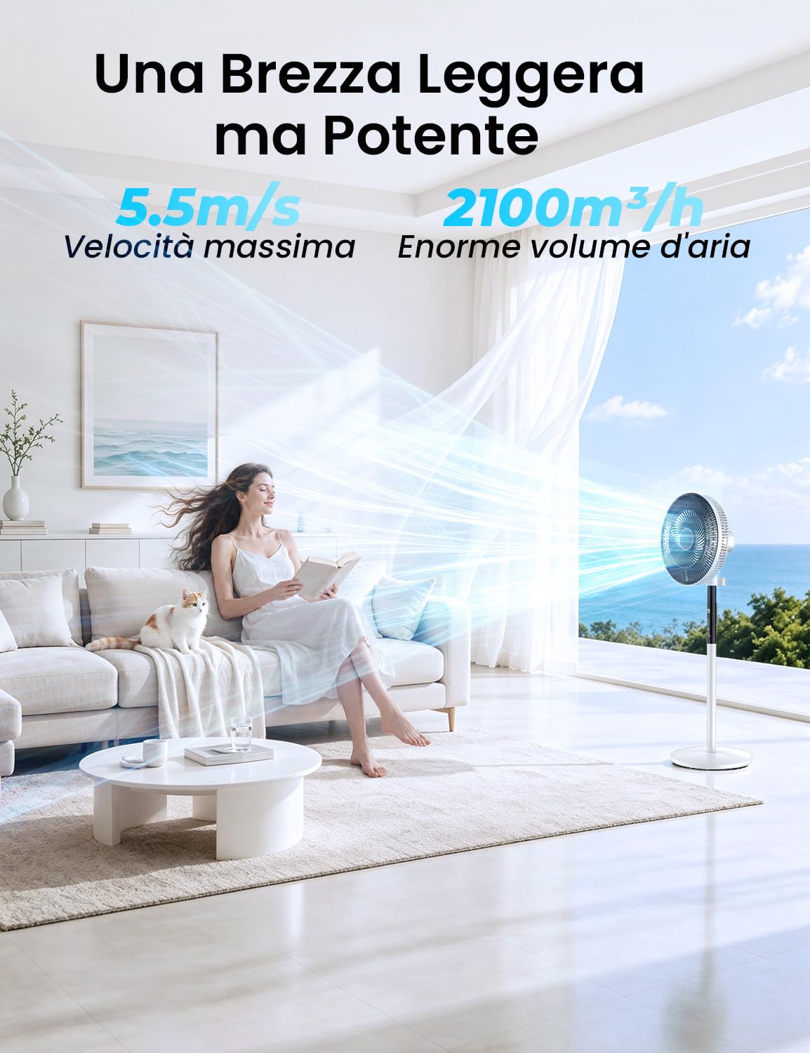 Rintea Ventilatore a Piantana, 22W, 9 Velocità Ventilatore Silenzioso con Telecomando,Oscillazione 90°, 4 Modalità, Flusso d'Aria Potente, Altezza Regolabile, Ideale per Casa e Ufficio