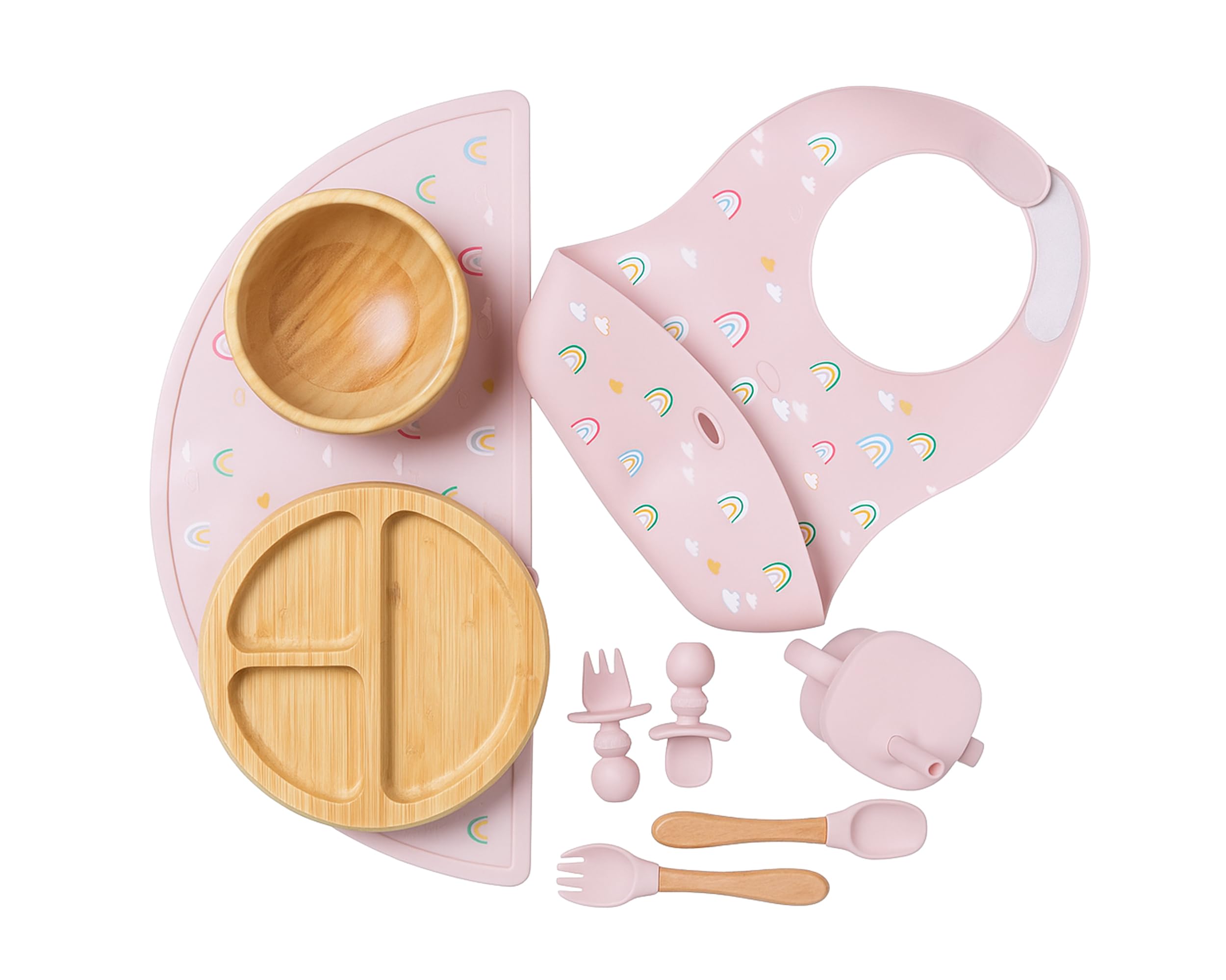 Juego de alimentación de bambú para bebés, bebés y niños pequeños, artículos esenciales para bebés, no tóxico, sostenible, plato de bambú con ventosa, tazón, babero, taza para sorber con tapa y pajita, uso diario, viajes, regalos para baby shower, color rosa