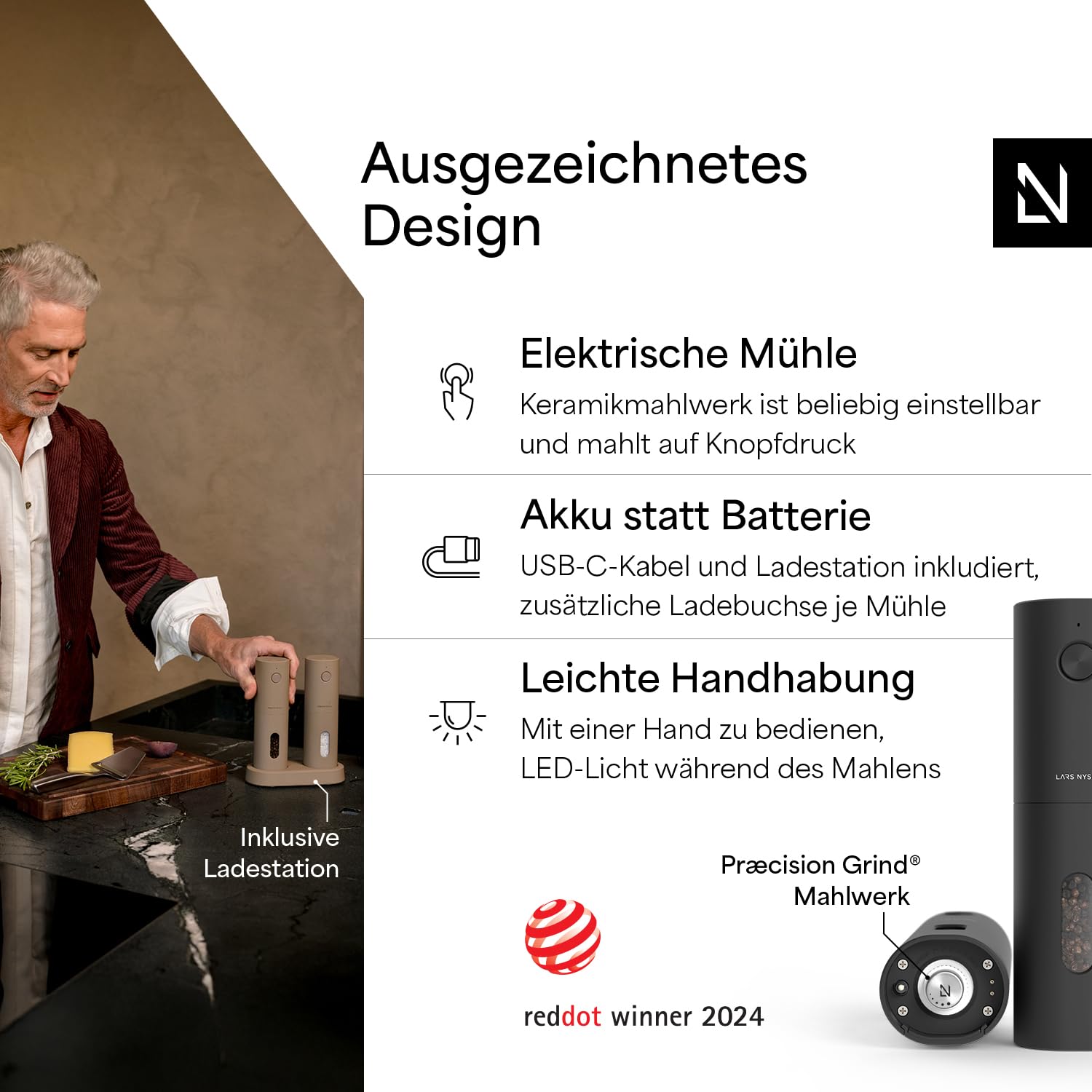LARS NYSØM Salz und Pfeffermühlen Elektrisch Set I Keramikmahlwerk fein bis grob I USB Wiederaufladbar mit Ladestation I Automatische Salz und Pfefferstreuer I Gewürzmühlen Set (Carbon Black)