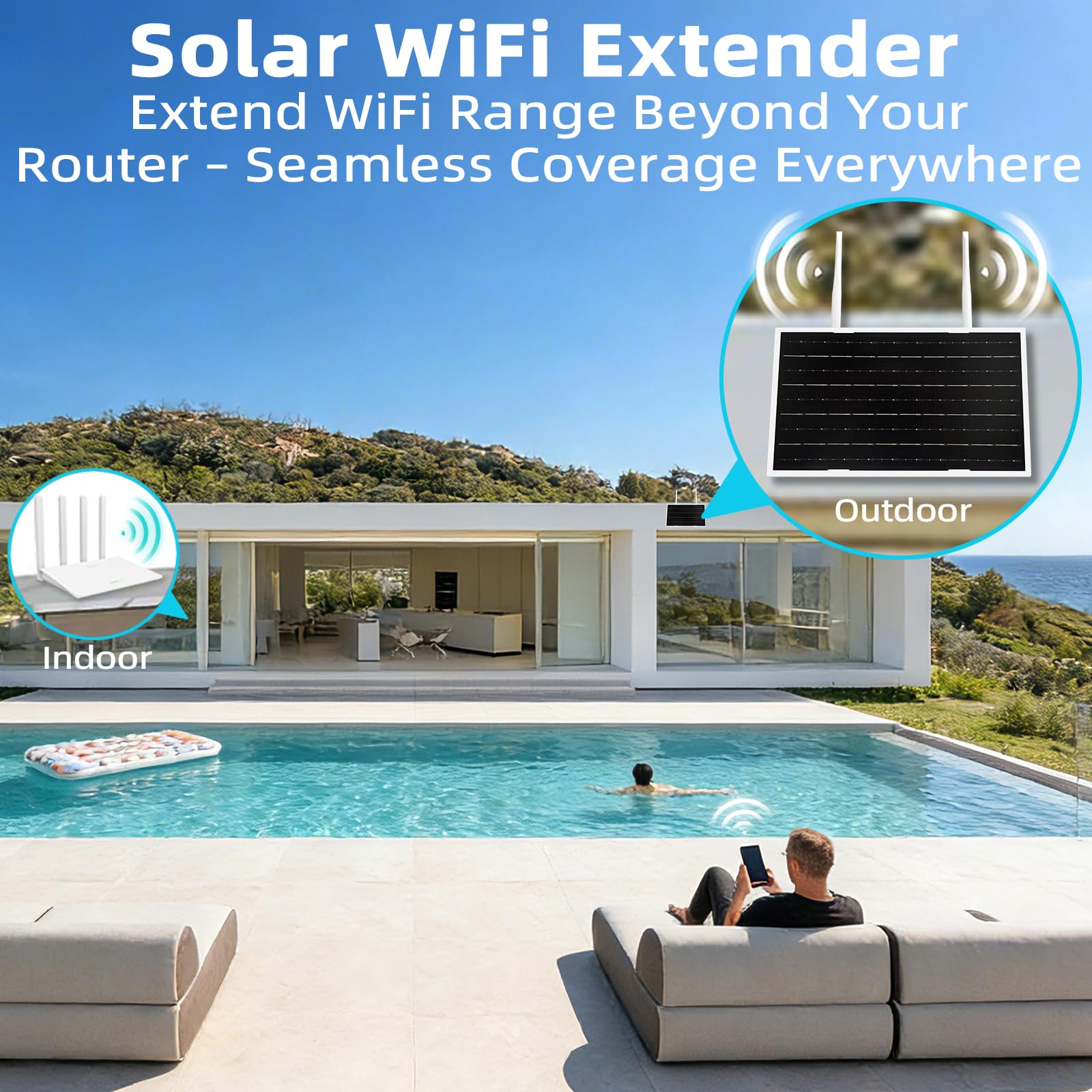 Repeteur WiFi Solaire Batterie Exterieur sans Fil, Puissant Amplificateur WiFi Couvre100-mètres, Outdoor répéteur WiFi Extender 2.4Ghz 300Mbps, Idéal pour Les Grands Espaces éloignés