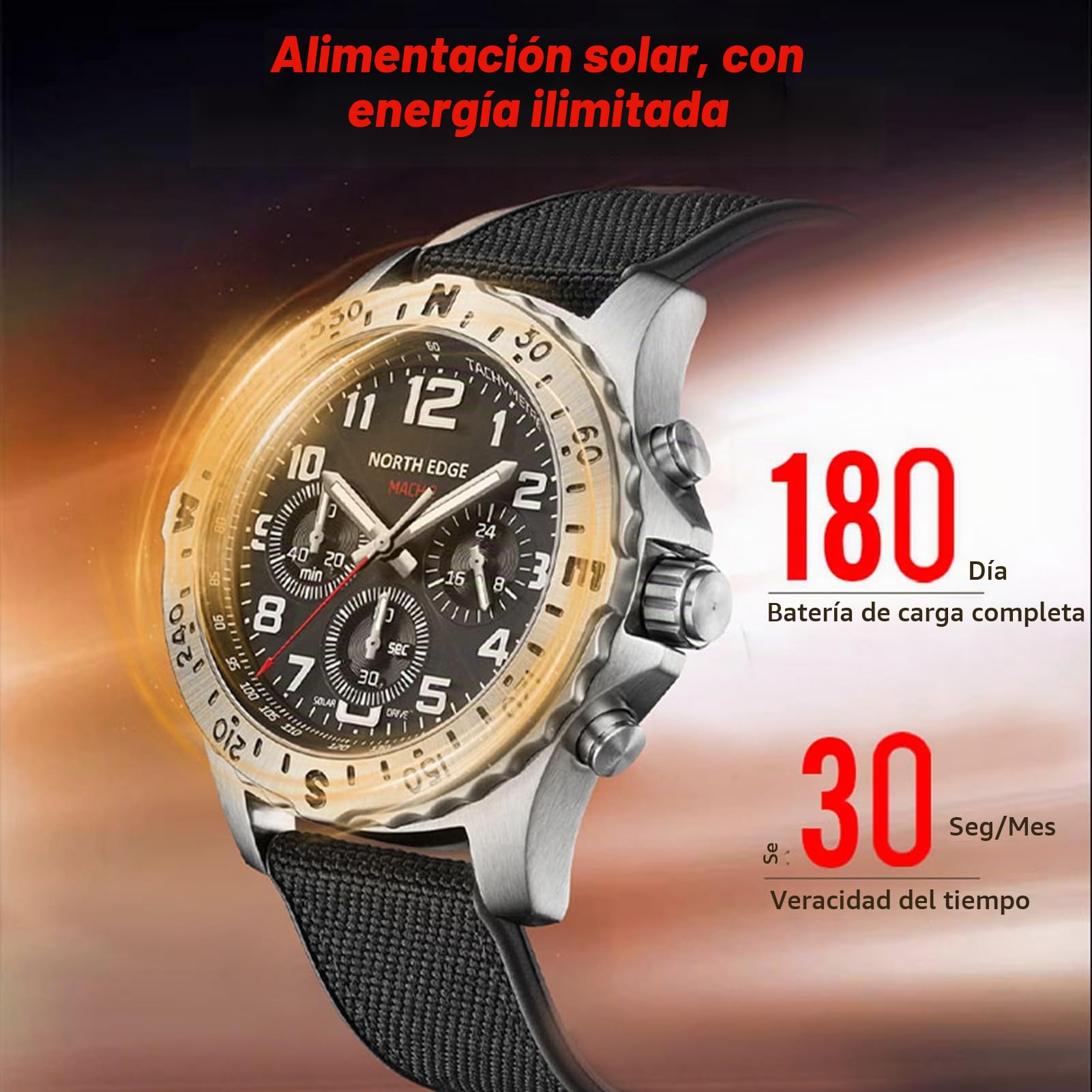 Lixada Reloj solar North Edge para hombre, acero inoxidable, cronógrafo electrónico, carga solar, 180 días, reserva de energía