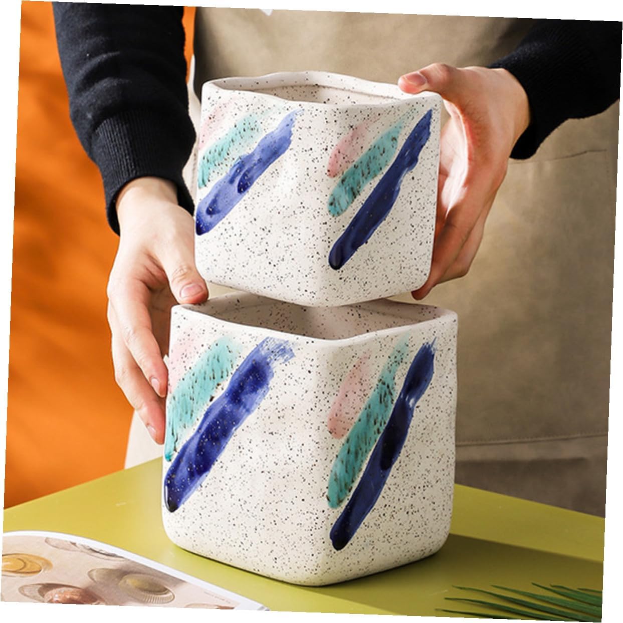 Gadpiparty Ceramic Plant Pot Square Indoor Planter Medium Hand-Painted Decorative Flower Pot for Balcony and Entryway Gardening