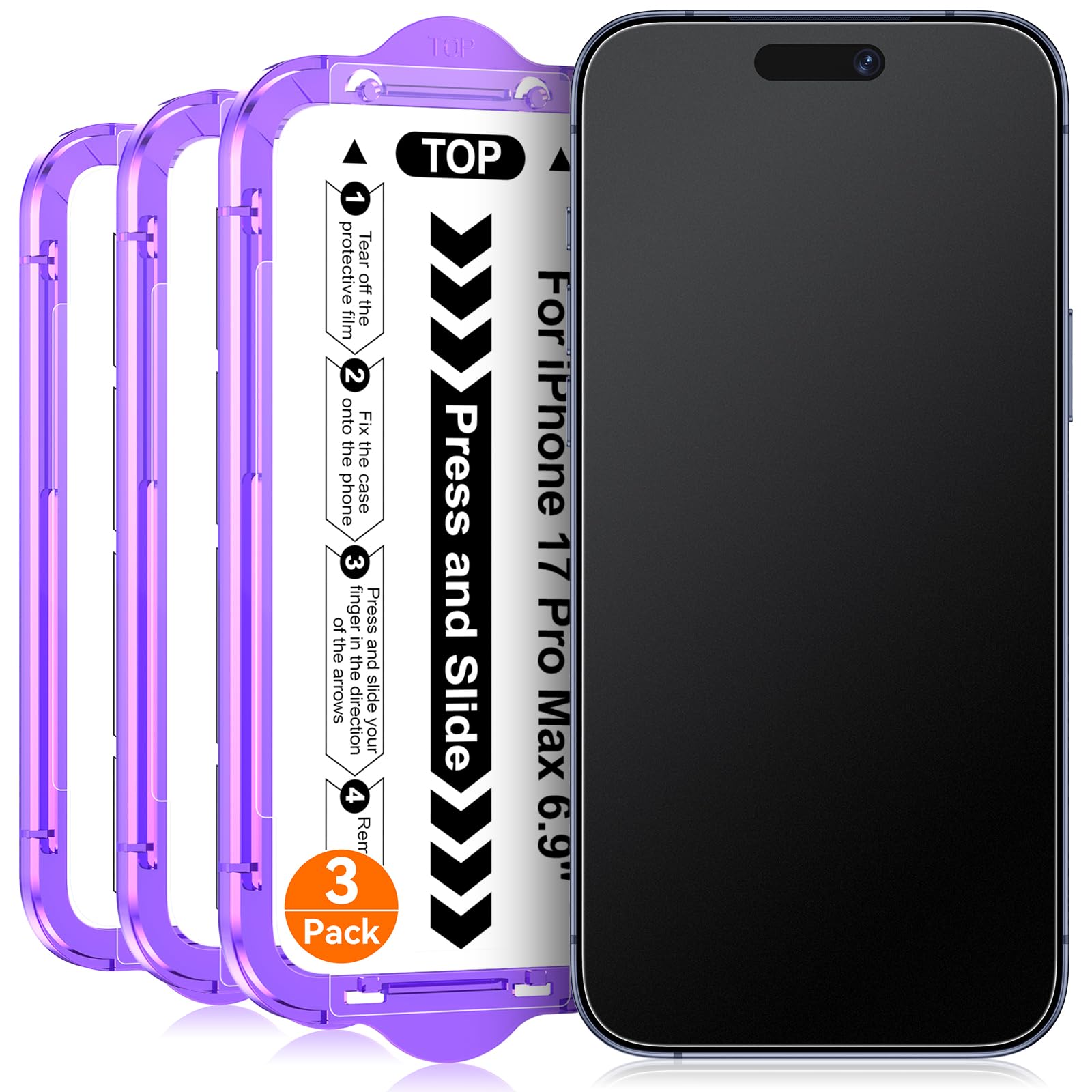 3 Piezas Protector Pantalla para iPhone 17 Pro Max Mate, Pelicula Cristal Vidrio Templado Antireflejo e Antihuellas, con Marco de Instalación Fácil Autoalineación, Sin Burbujas, 6,9 Pulgadas