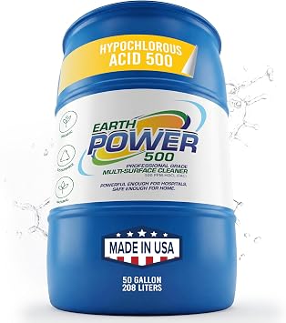 Earth Power Hypochlorous Acid 500 PPM Multipurpose Cleaner 50 Gallon | Natural & Non-Toxic Tile, Refrigerator, Shower, Countertop & Floor Cleaner Family, Food & Pet Safe Cleaning Supplies
