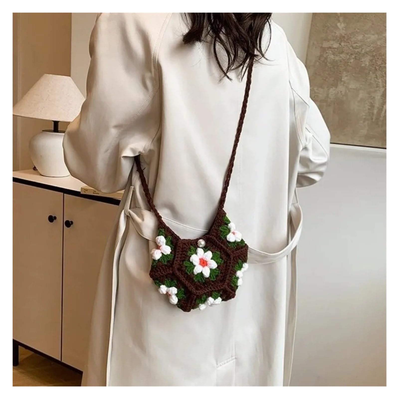 Bolso De Ganchillo Bolso bandolera de ganchillo hecho a mano, bonito, con estampado de flores, de hilo de tela, for hombro, de punto, for la axila.