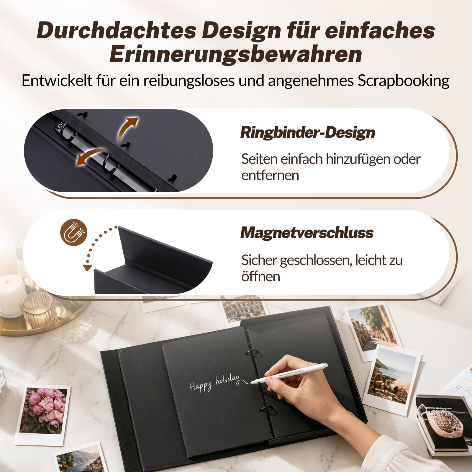 DazSpirit Fotoalbum zum Selbstgestalten, Scrapbook Album mit 70 Schwarze Seiten, 3-Ring-Fotobuch zum Einkleben, mit Fotoecken & Stift, Gästebuch für Hochzeit Geburtstag Geschenk (Schwarz)