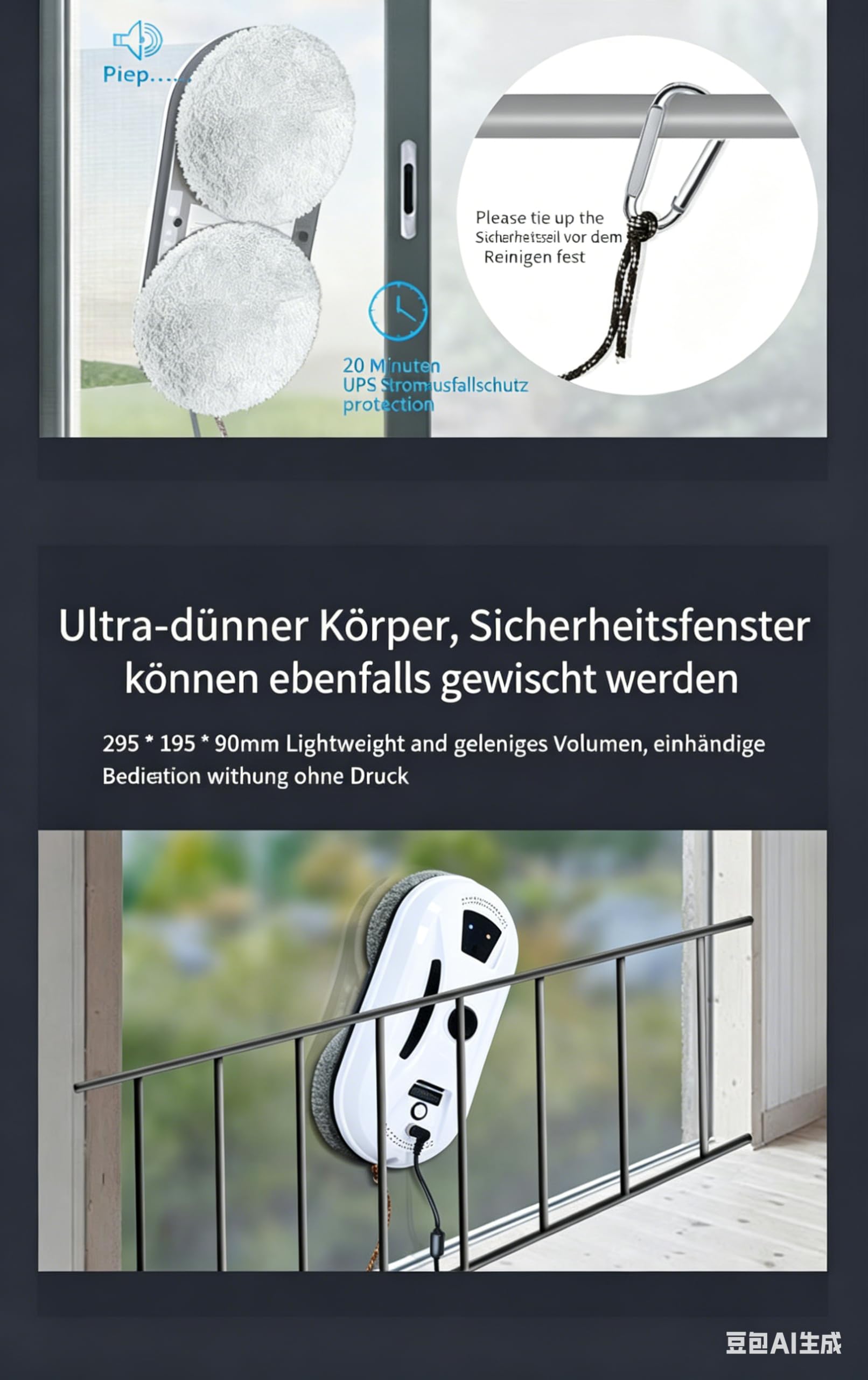 Osmo™ RoboClean Fensterputzroboter – Automatischer Fensterreiniger mit Fernbedienung, Sicherungsseil & 3 Reinigungsmodi – für glatte Fenster, Spiegel & Fliesen ( Kabelgebunden-ohne Sprühfunkti)