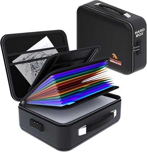 Miniatura 1 de TIGERKING Caja fuerte de documentos a prueba de fuego con cerradura y asa, organizador de documentos ignífugo con carcasa dura, caja fuerte portátil