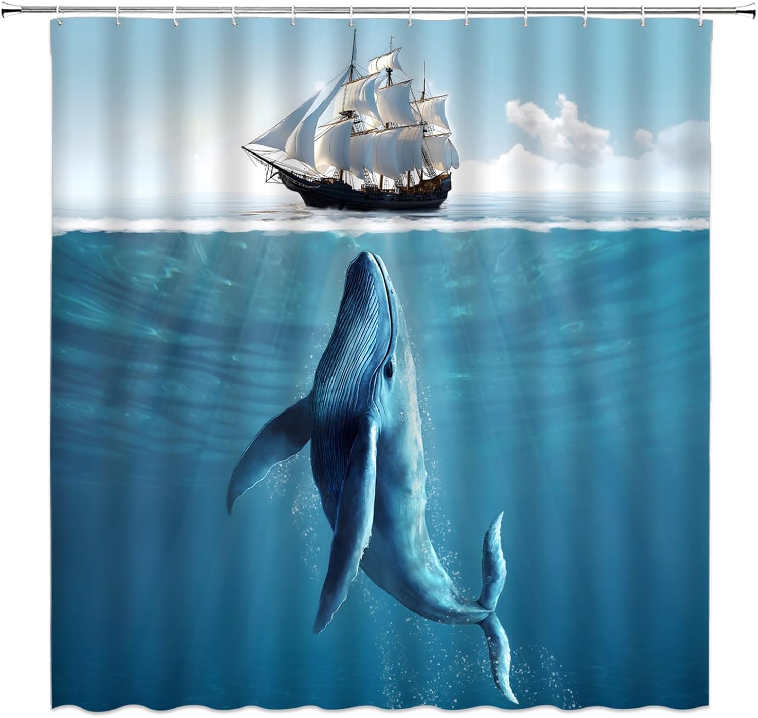 Whale Extra Long Shower Curtain, Nautical Wooden Sailboat Whale Under The Ocean Marine Life Blue Bathroom Home Curtain Decor with Hooks,70" Wx78 H
