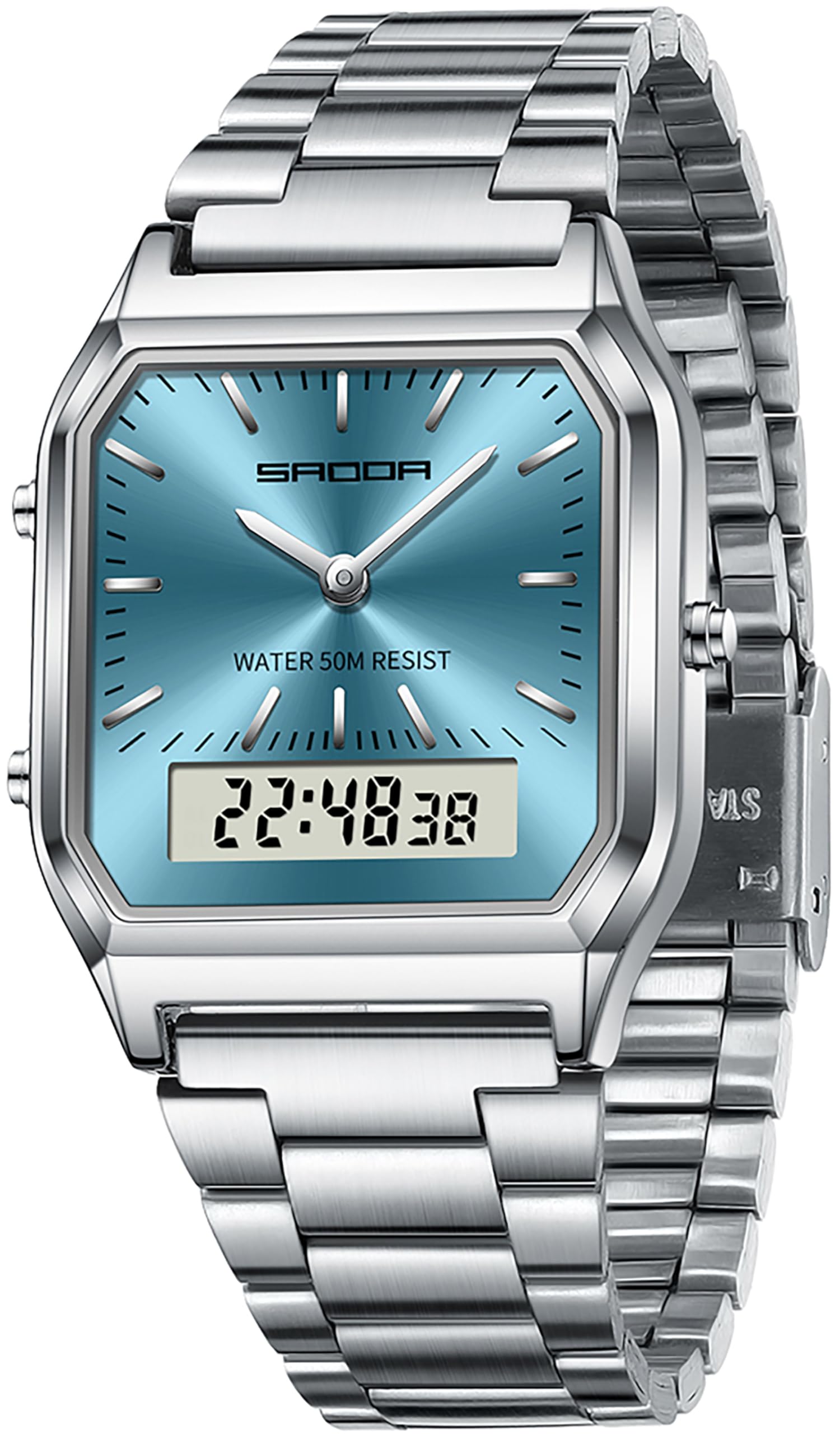 findtime Orologio da polso unisex, stile retrò, classico, quadrato, cinturino in acciaio inox, analogico, digitale, 5 ATM, impermeabile a LED, data, giorno della settimana, tre fusi orari, orologio di
