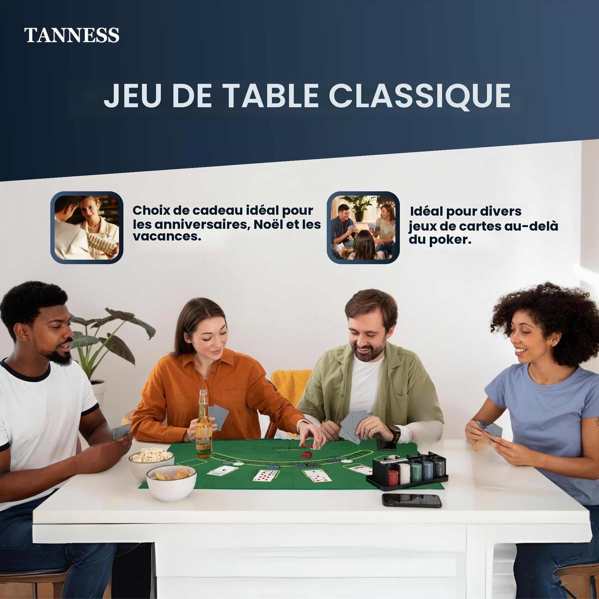 Tanness Coffret Poker 200 Jetons de Poker avec Tapis de Jeu de Poker et Boîte Métal - Set Casino Texas Hold’em et Blackjack - Jeu de Poker avec Jetons Poker, Cartes à Jouer et Accessoires