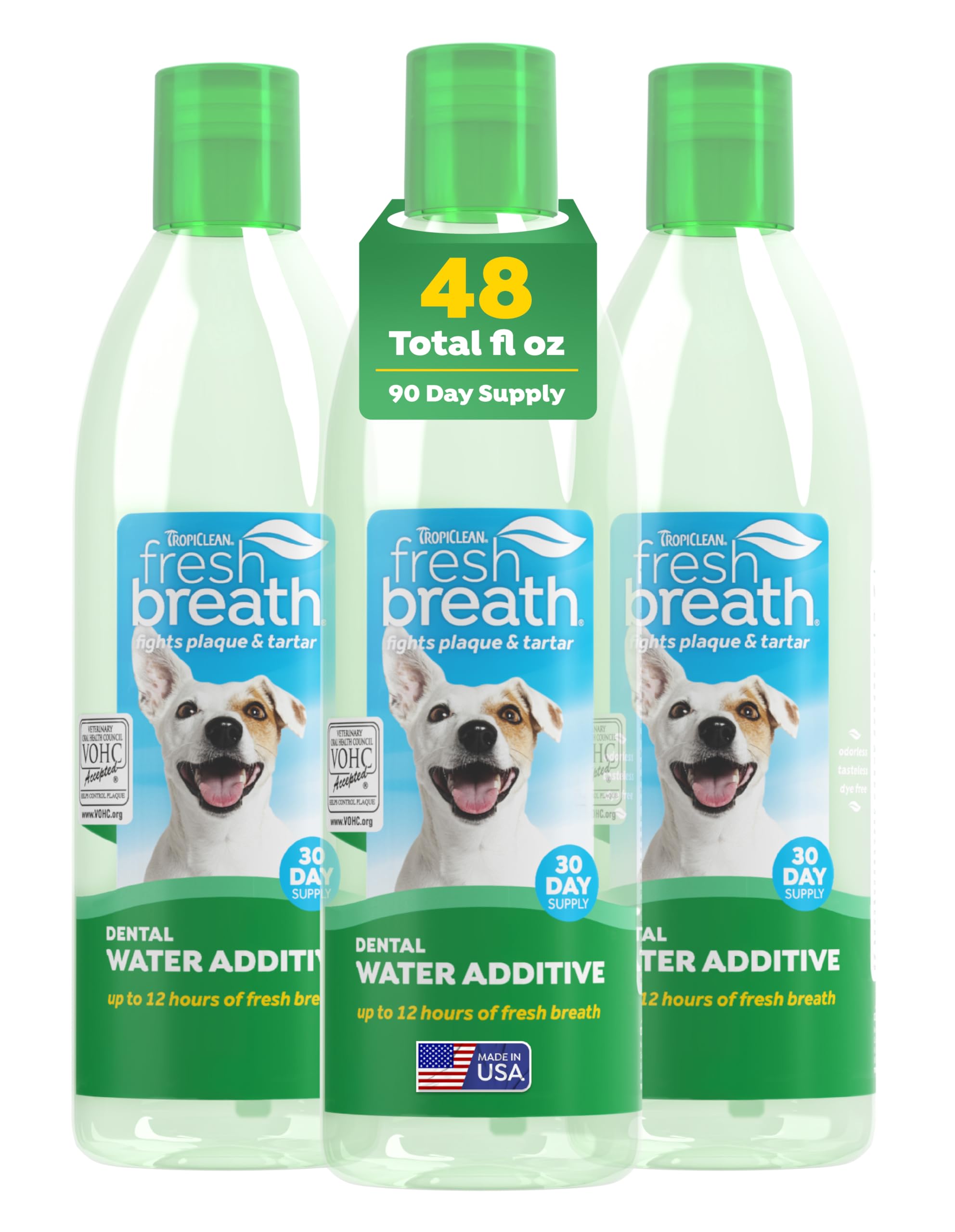 TropiClean Fresh Breath Water Additive for Dogs, Dog Breath Freshener & Teeth Cleaning Solution, No Toothpaste or Toothbrush Required, 16 oz, 3 Pack