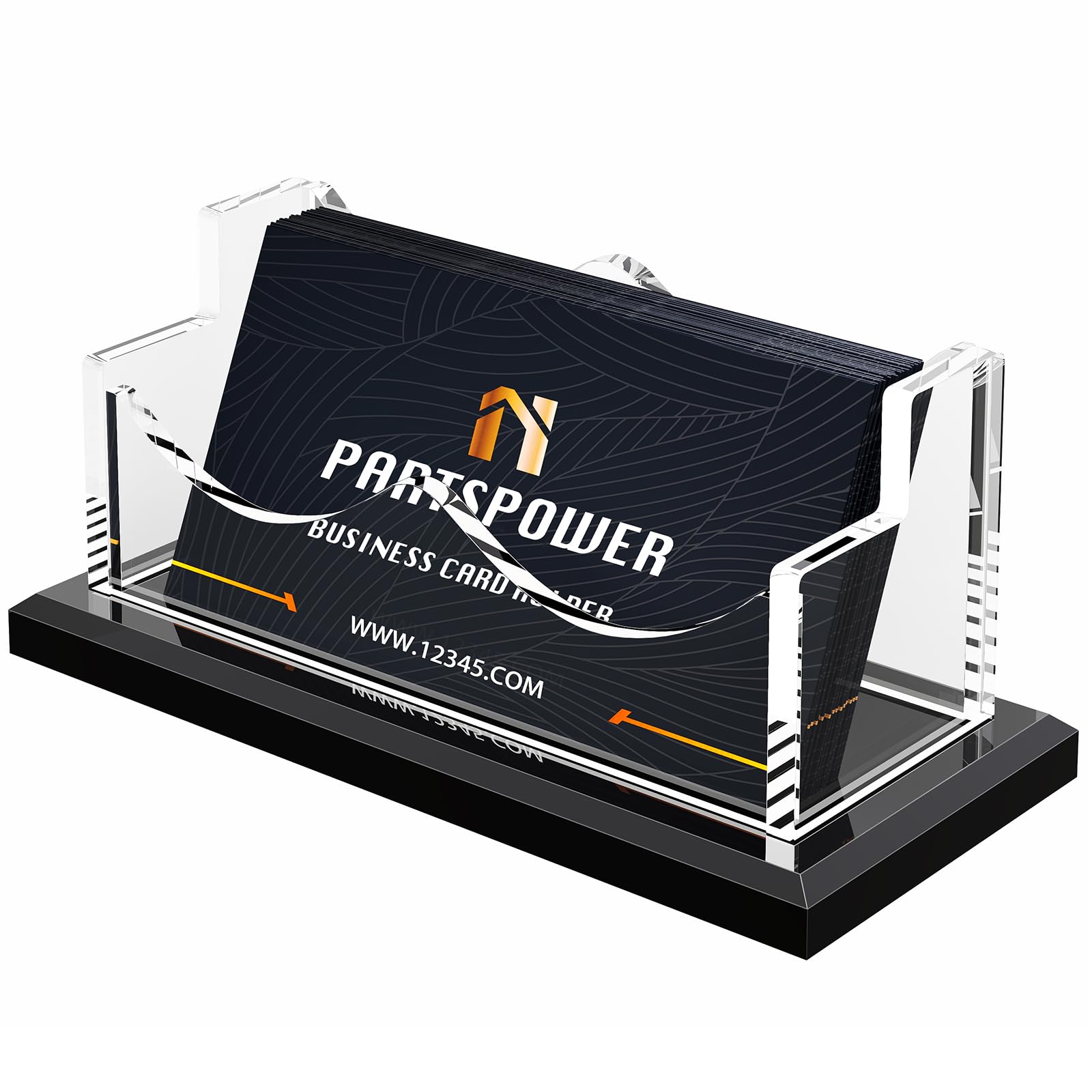 PARTSPOWER Acrylic Business Card Holder for Desk Horizontal Clear Business Name Card Display Black Acrylic Base Desktop Accessory
