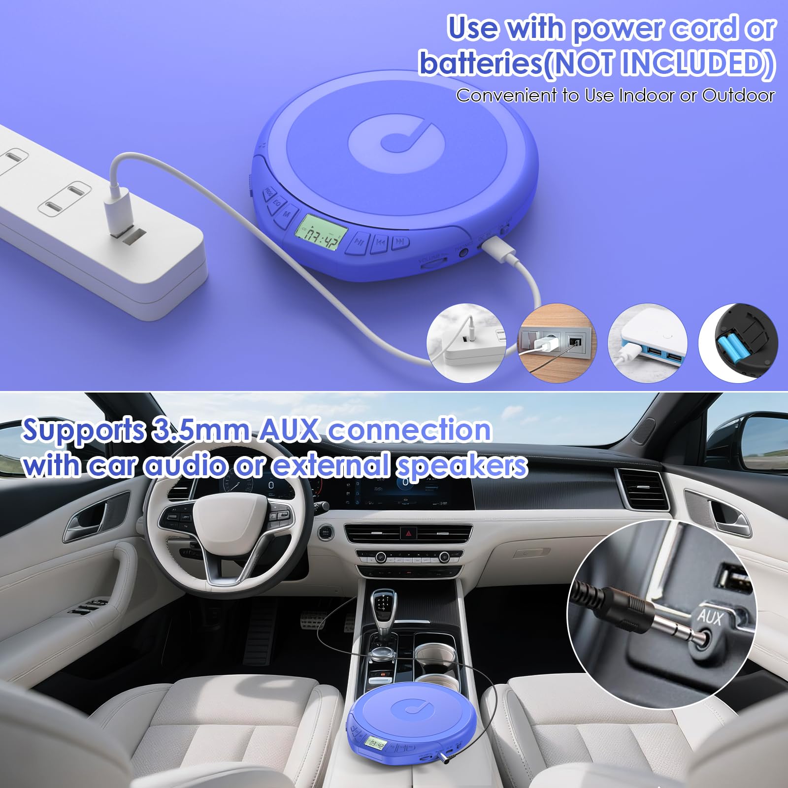 Gueray Lettore CD portatile Dsicman: con auricolari per auto con anti-skip antiurto con display LCD Supporto funzione di ripetizione memoria PROG (blu)