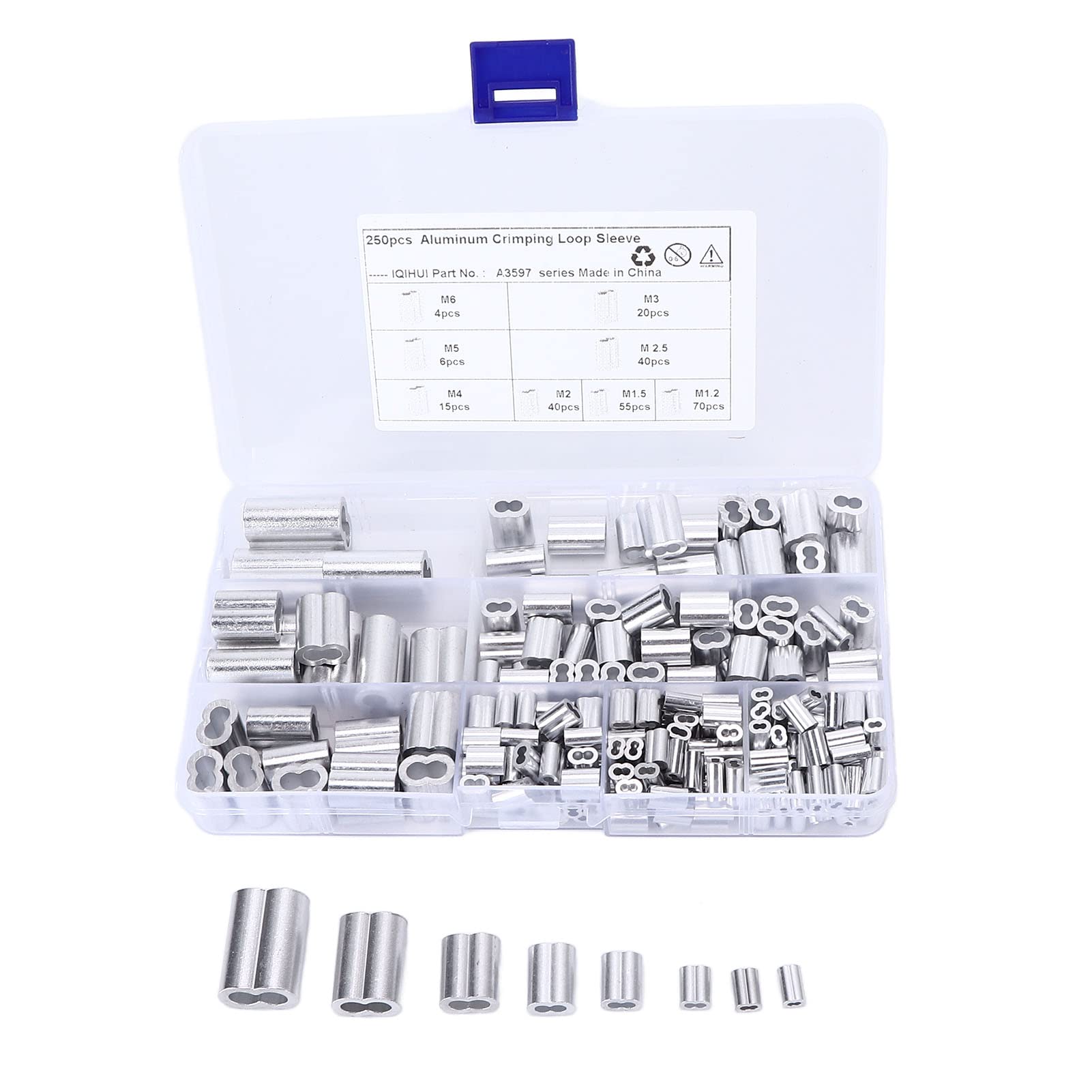 250Pcs Aluminum Cable Ferrule 8 Aperture Double Wire Rope Crimping Loop Sleeve Kit for RV Railway Industry