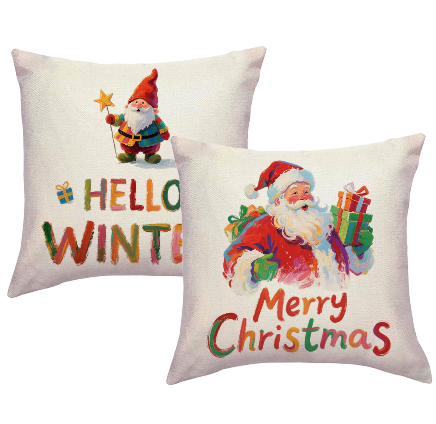 JAERUE Hello Winter Throw Pillowcases Santa Claus with Gifts Pillow Covers Christmas Gnome Seasonal Holiday Merry Christmas Cushion