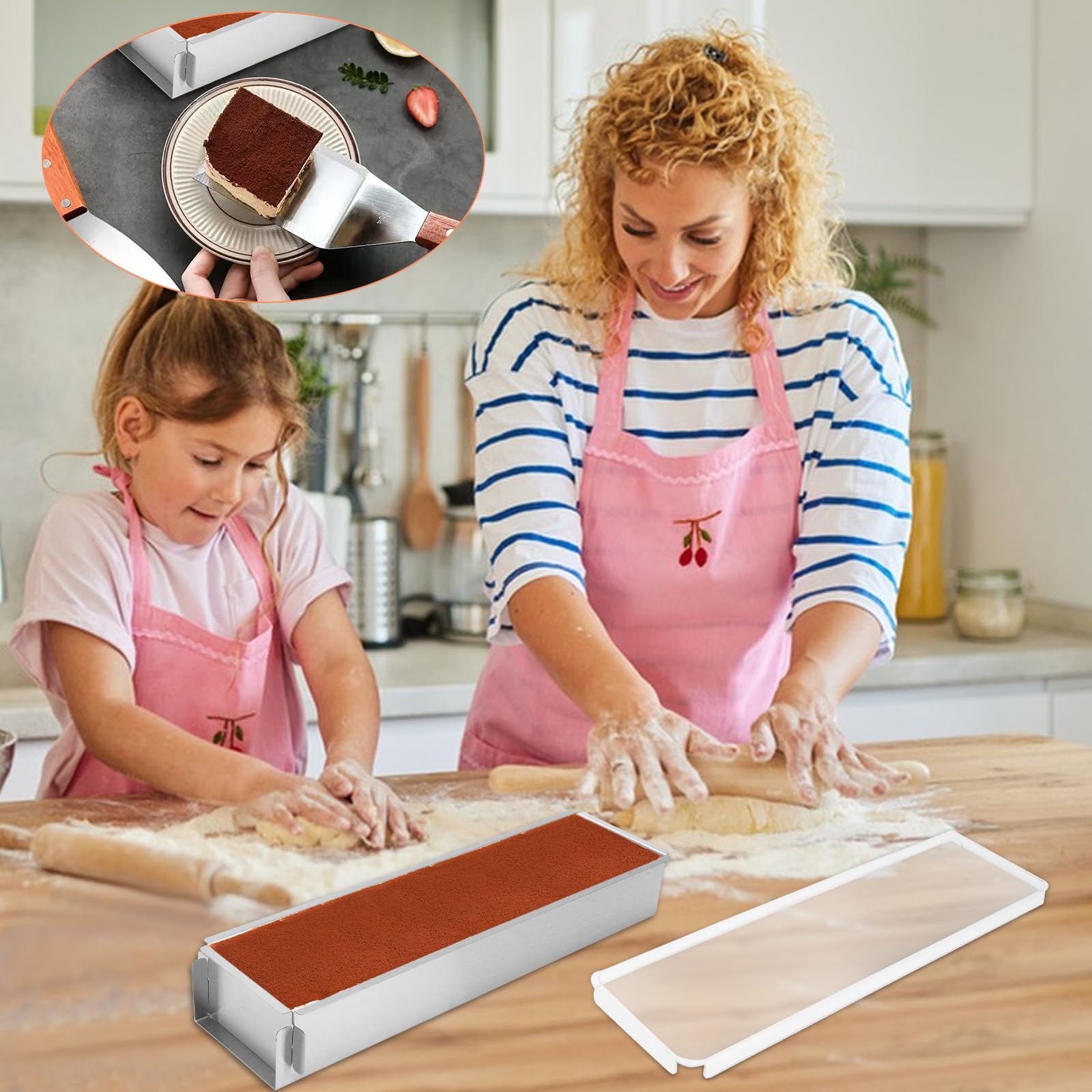 Gohytal Moule à gâteau rectangulaire avec couvercle en acrylique, réglable, en alliage d'aluminium, avec 2 spatules pour la préparation de gâteaux, toasts, pains