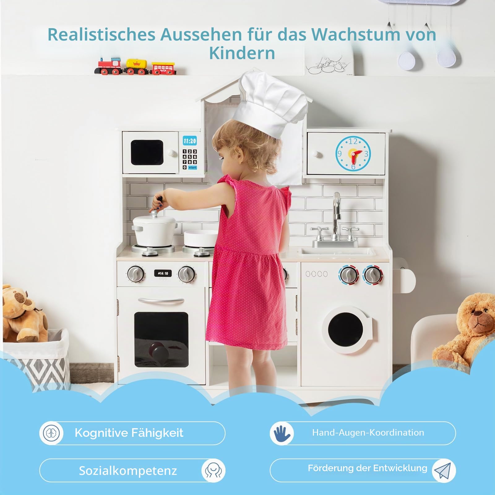 HOMASIS Kinderküche mit Spielzubehör, Kinder Spielküche Holz, Spielzeugküche mit Spüle Herd Backofen Mikrowelle Waschmaschine, Holzküche mit Kochgeschirr, Küchenset für Kinder ab 3 Jahre, 78x29x93cm