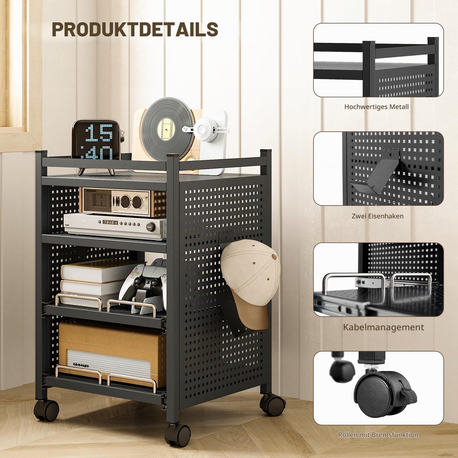 Sightlife Eckregal Stehend mit 4 Ebenen Standregal Eckregal Beistelltisch Audio Rack Nachttisch Side Table Schallplattenständer Bücherregal Eck-Stereo-Ständer Mit Rollen