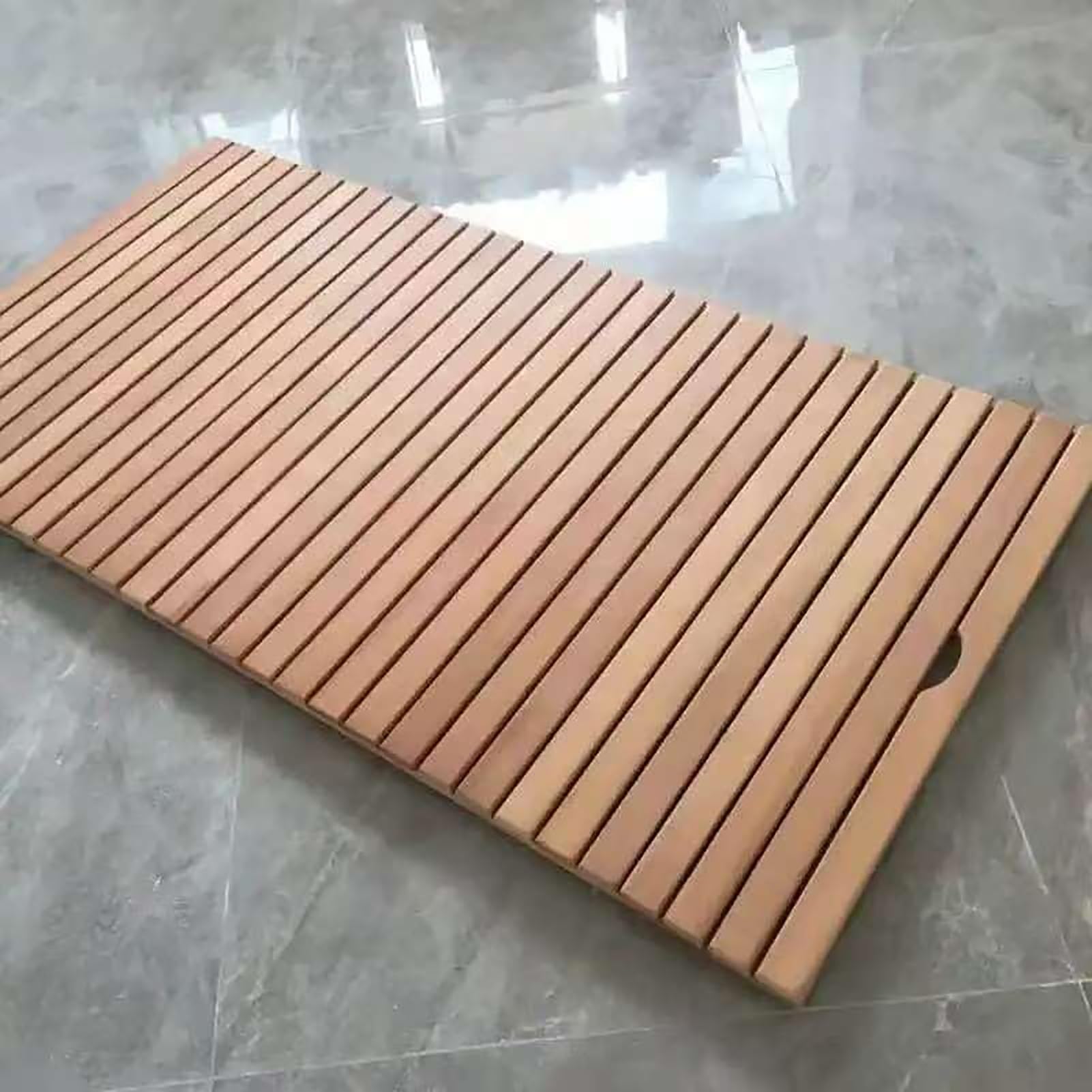 QIYFOZ Customizable Non-Slip Teak Wood Bath Mat - 44in to 20in Sizes, Ideal for Spa, Sauna, Patio, Hot Tub, RV Use - Drain Hole Design for Easy Cleaning & Drainage