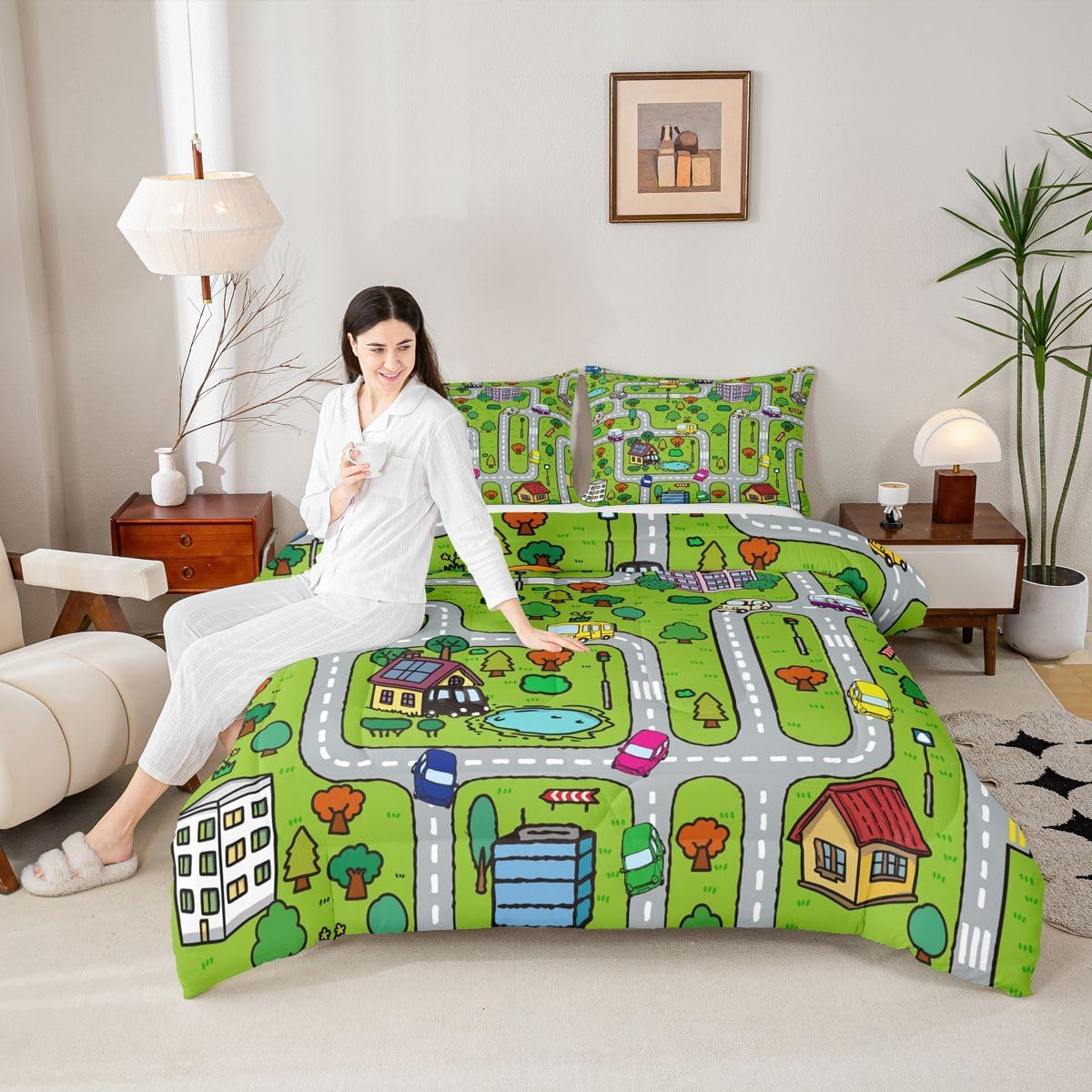 jejeloiu Twin Size Kids Playing Car Bedding Set Boys Girls Road Traffic Comforter Set for Soft Coloful Fun Game Comforter Educational Race Track Duvet Set Room Decor Quilt Boys