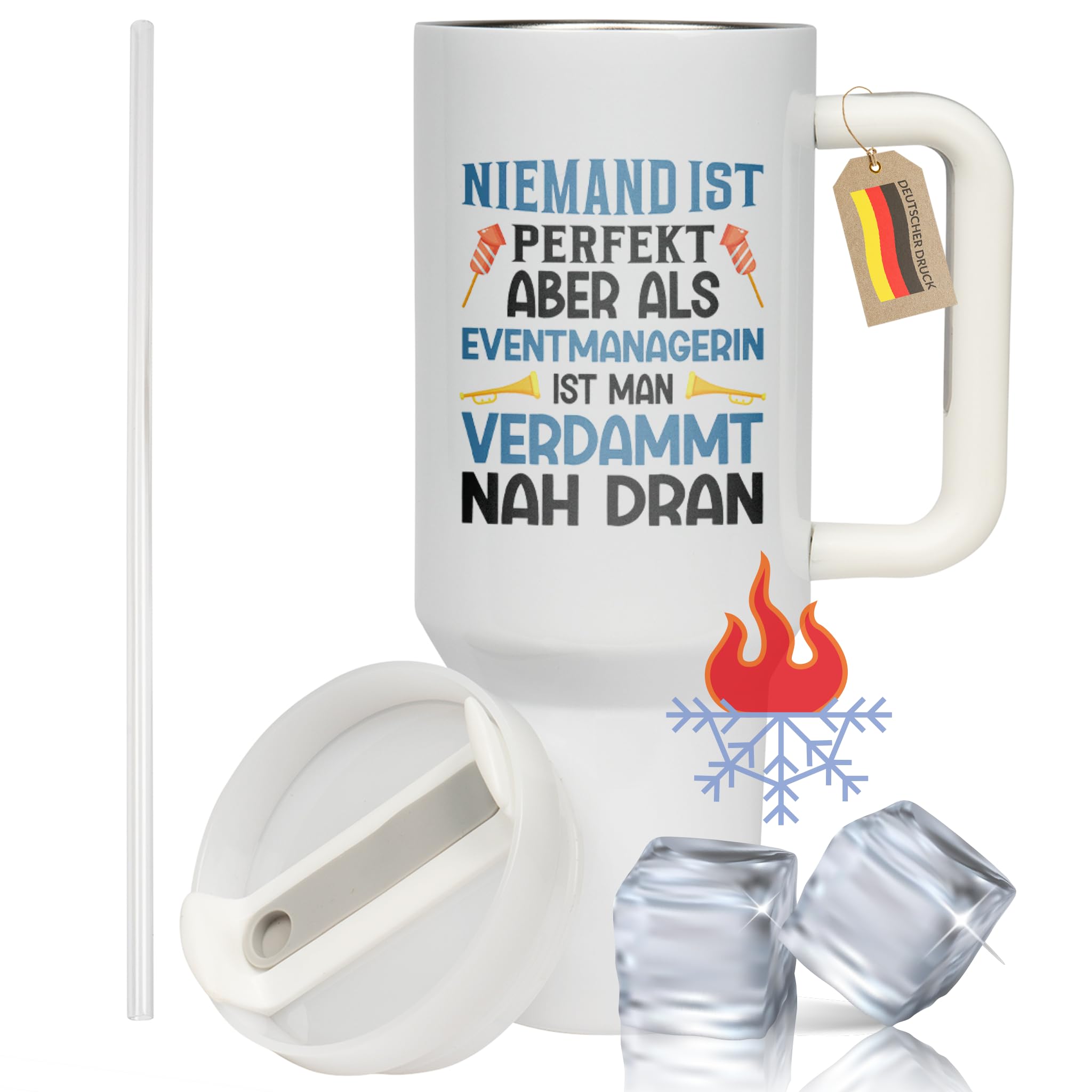 XXL Thermobecher für Eventmanagerin – Lustiges Geschenk zum Geburtstag & Jobwechsel – Edelstahl Trinkflasche, Weiß mit Spruch (WIEDERVERWENDBAR)