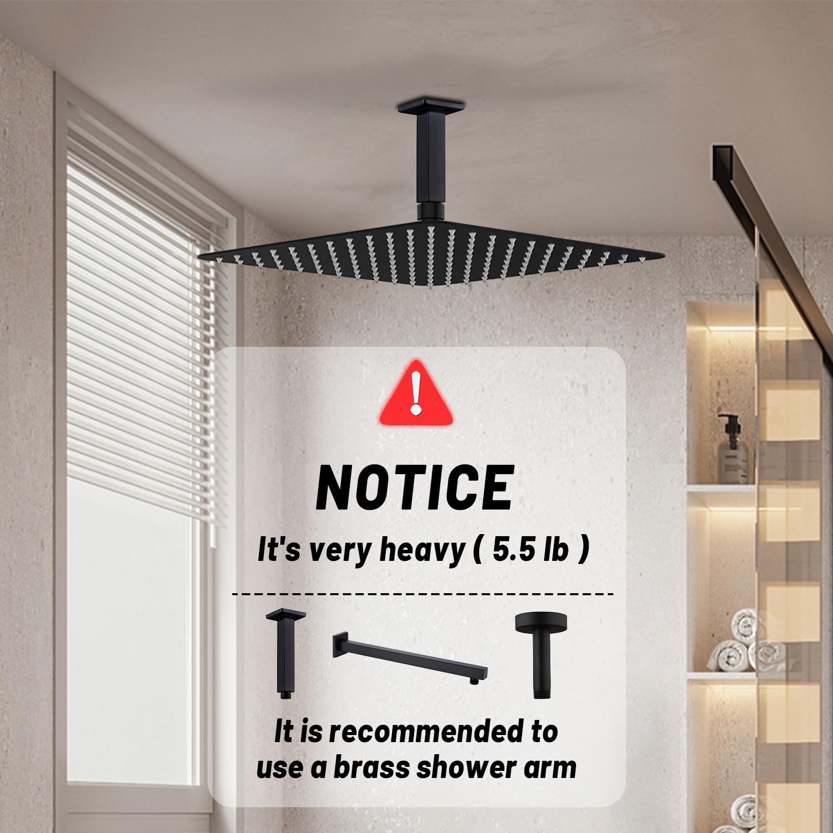 Soffione doccia a pioggia da 40,6 cm, ad alta pressione, quadrato, in acciaio inox, con ugello in silicone, copertura completa del corpo, ultra sottile, a risparmio idrico, nero