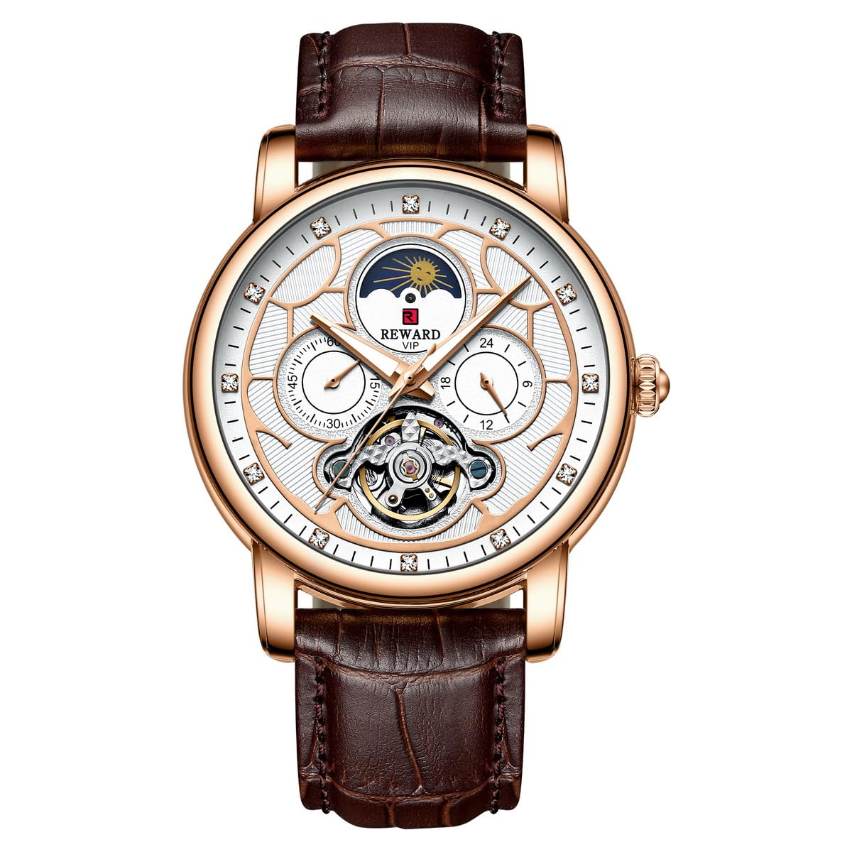 Sponsored Ad – REWARD Automatic men luxury watches watch for man moon phase mechanical wristwatch White Brown Gold