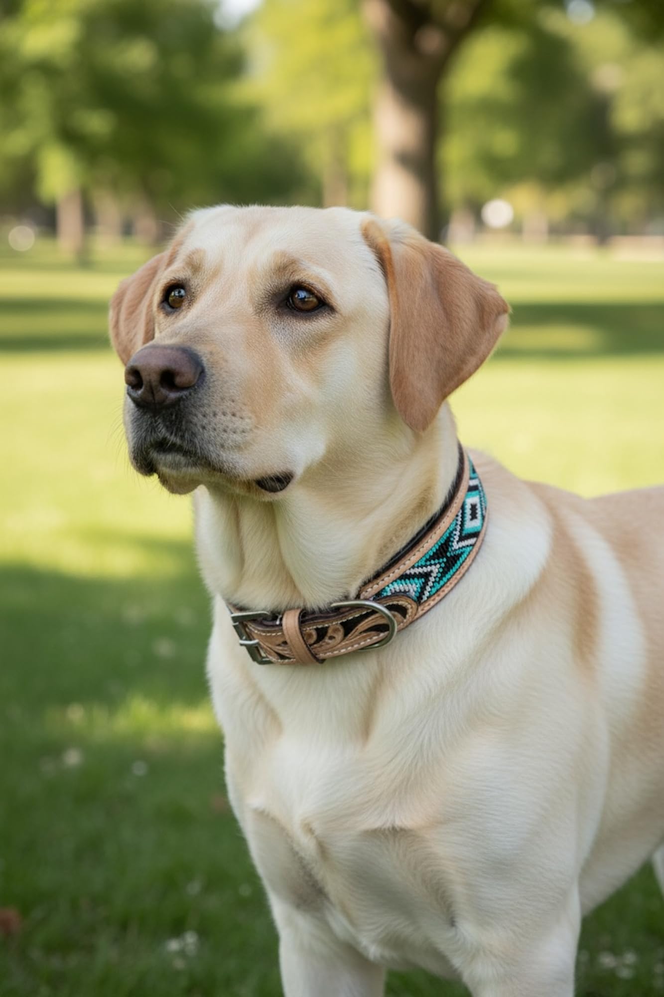 Collier pour chien cuir fait main perles turquoise noir blanc S