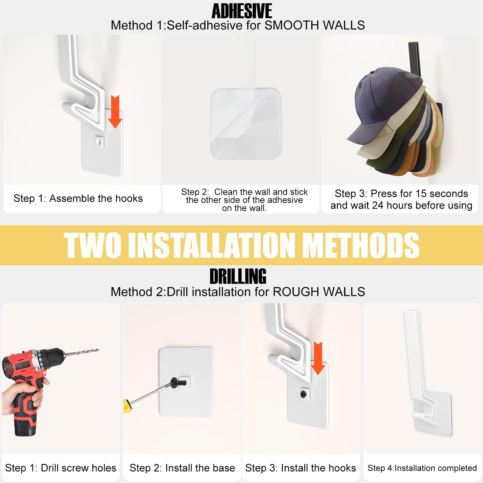 Adhesive Baseball Hat Organize for Wall, Ball Caps Hooks Storage, No Drilling Hat Rack Wall Mount, Hat Hanger for Baseball Cap Display, White, 2 Pack