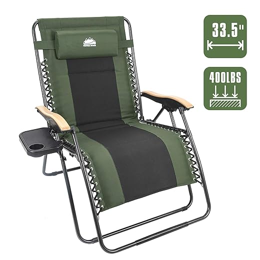 Coastrail Outdoor Zero Gravity Chair Oversized XXL 33.5" Patio Padded Reclining Lounger with Pillow, Side Table for Camping, Lawn, Garden Green/1pack