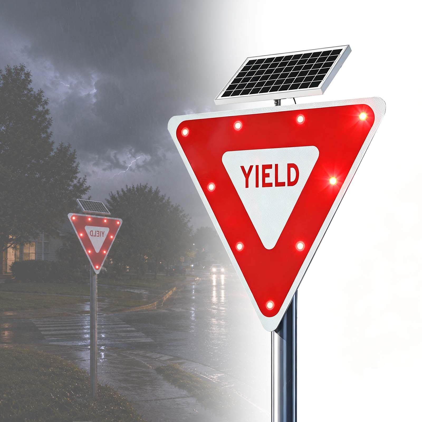 QFGain Heavy Duty Solar YIELD Sign LED Flashing, Rustproof Aluminum Pedestrian Warning Sign, Auto Dusk to Dawn Sensor for School Zone & Private Road