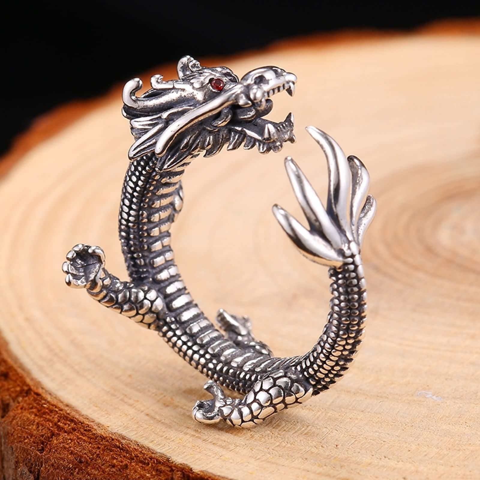 Anillos de acero inoxidable ajustables, anillo de compromiso de plata para él, dragón chino con ojos rojos, tamaño O 1/2-T 1/2, O 1/2-T 1/2, Sin piedras preciosas