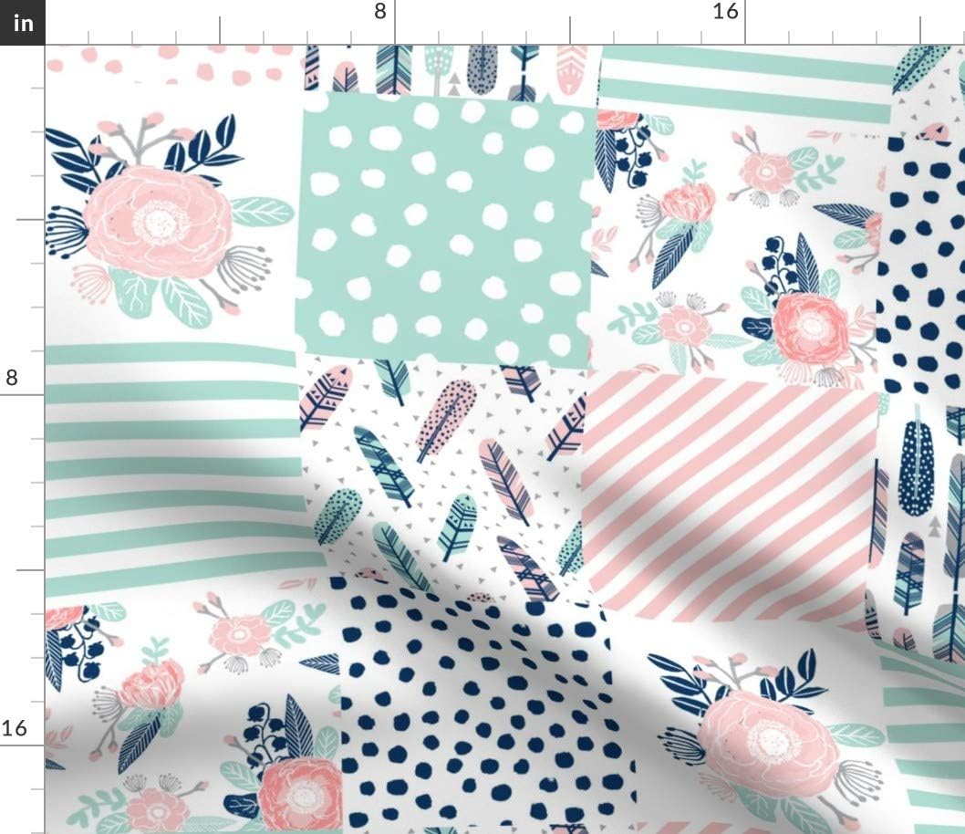 Spoonflower Fabric - Feathers Cheater Quilt Mint Navy Pink Girls Cute Squares Block Printed on Petal Signature Cotton Fabric by The Yard - Sewing Quilting Apparel Crafts Decor