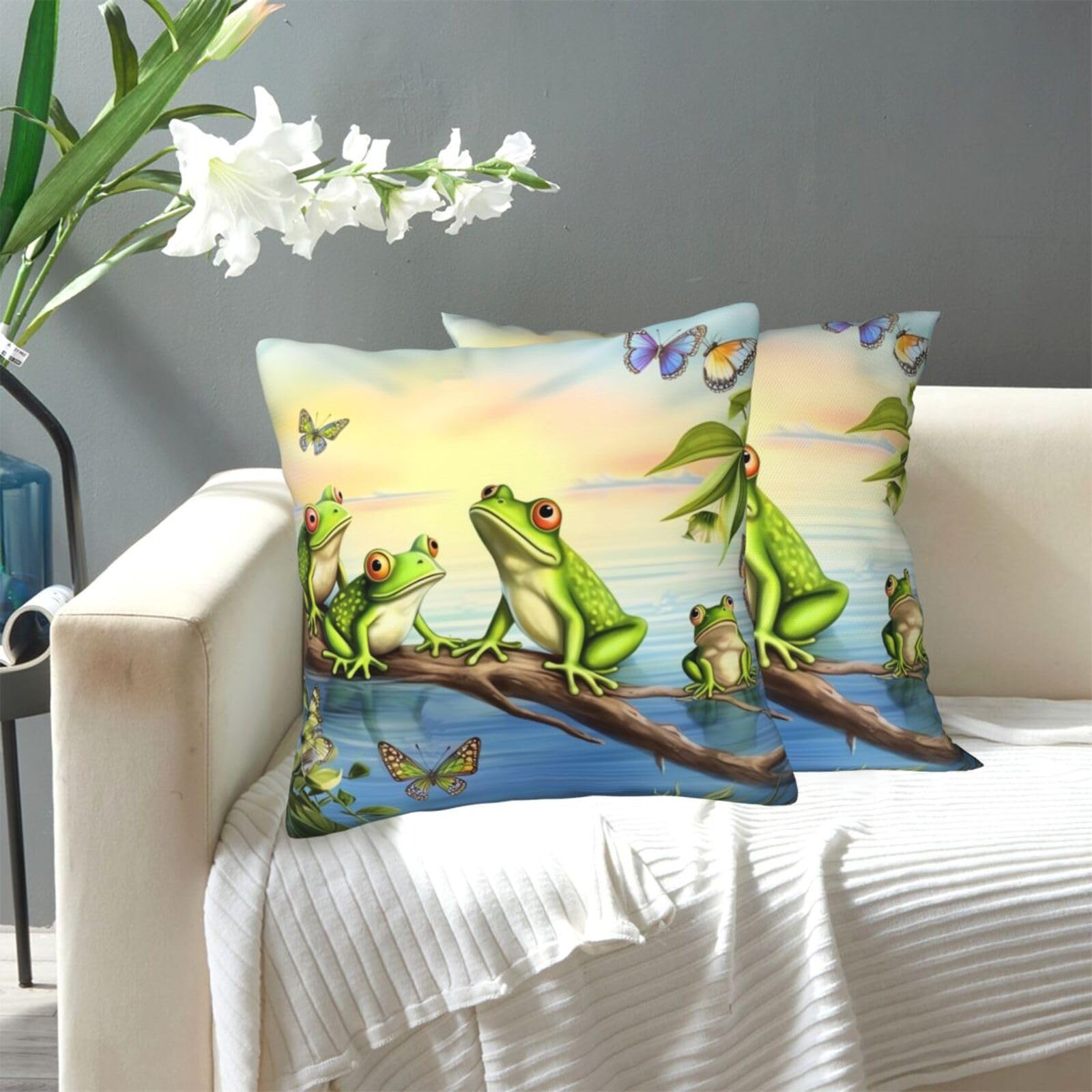 FekiLoot Decorative Throw Pillow Covers Modern Farmhouse Pillowcase Double Sided Cozy Cushion Cover for Sofa Couch Bed 20"X20" Many Frogs Sing On The Branches Summer Butterflies Lake Water