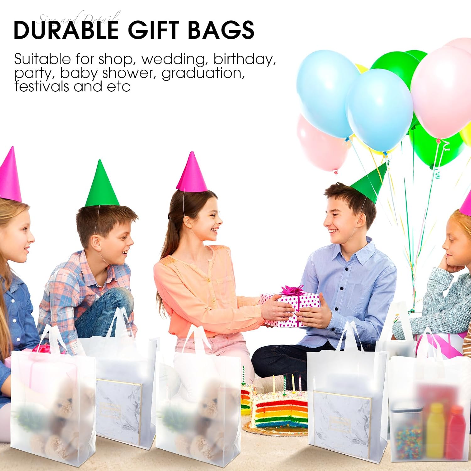 100 Pcs 2.5 Mil Thick Clear Frosted Plastic Bags with Handles Plastic Gift Boutique Shopping Bags Bulk with Cardboard Bottom for Small Business Retail Merchandise 2 Sizes
