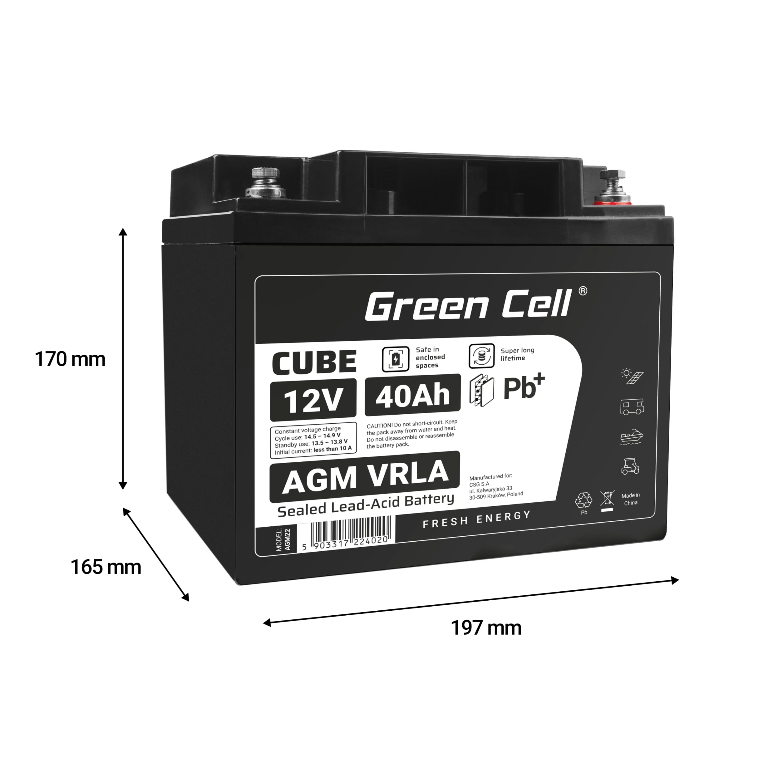 Green Cell AGM 12 V 40 Ah z akumulatorem IP54, z włókniny, VRLA, akumulator ołowiowy, odporny na cykle, bezobsługowy, do przyczep kempingowych, fotowoltaicznych, wózków inwalidzkich, akumulator