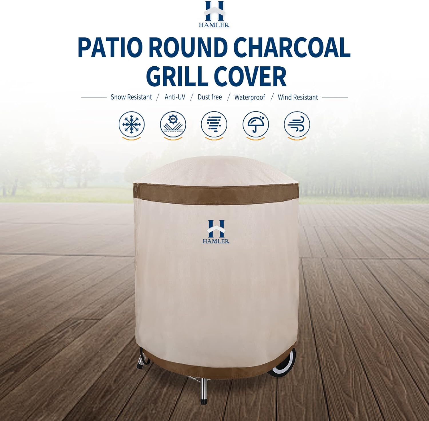 HAMLER Round Barbecue Cover, 28 Inch Small Smoker Cover, Heavy Duty Waterproof Outdoor Grill Cover Fits Weber, Charcoal Kettle, Masterbuilt, Dyna-Glo, Brown & Beige Round-28.5DIA x 35H Inch
