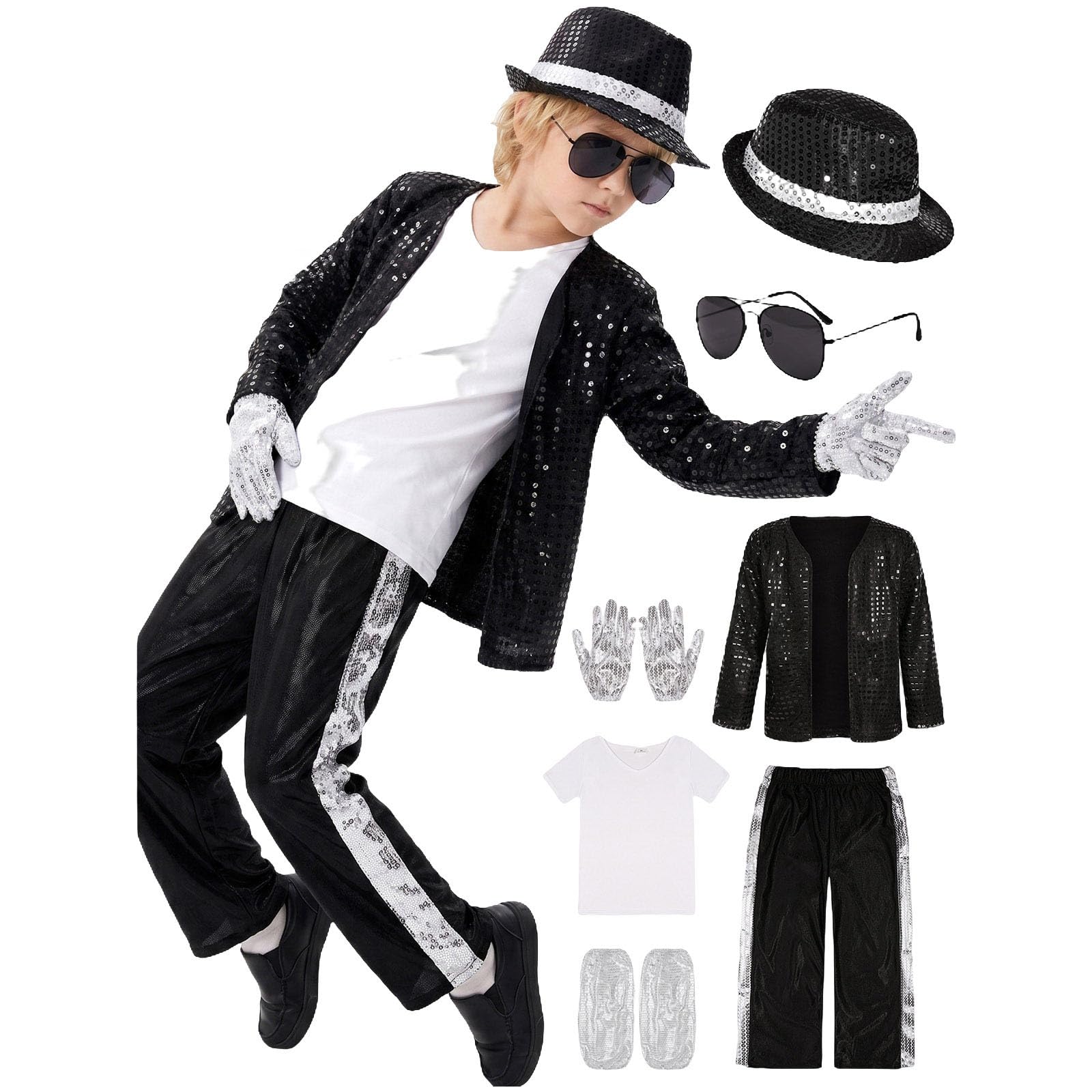 Child King Of Pop Musician Costume 7-Piece Set Sequin Jacket Striped Pants With Hat Sunglasses Gloves And T-Shirt 80s 90s Music Icon For Halloween Party Stage Performance And Fancy Dress