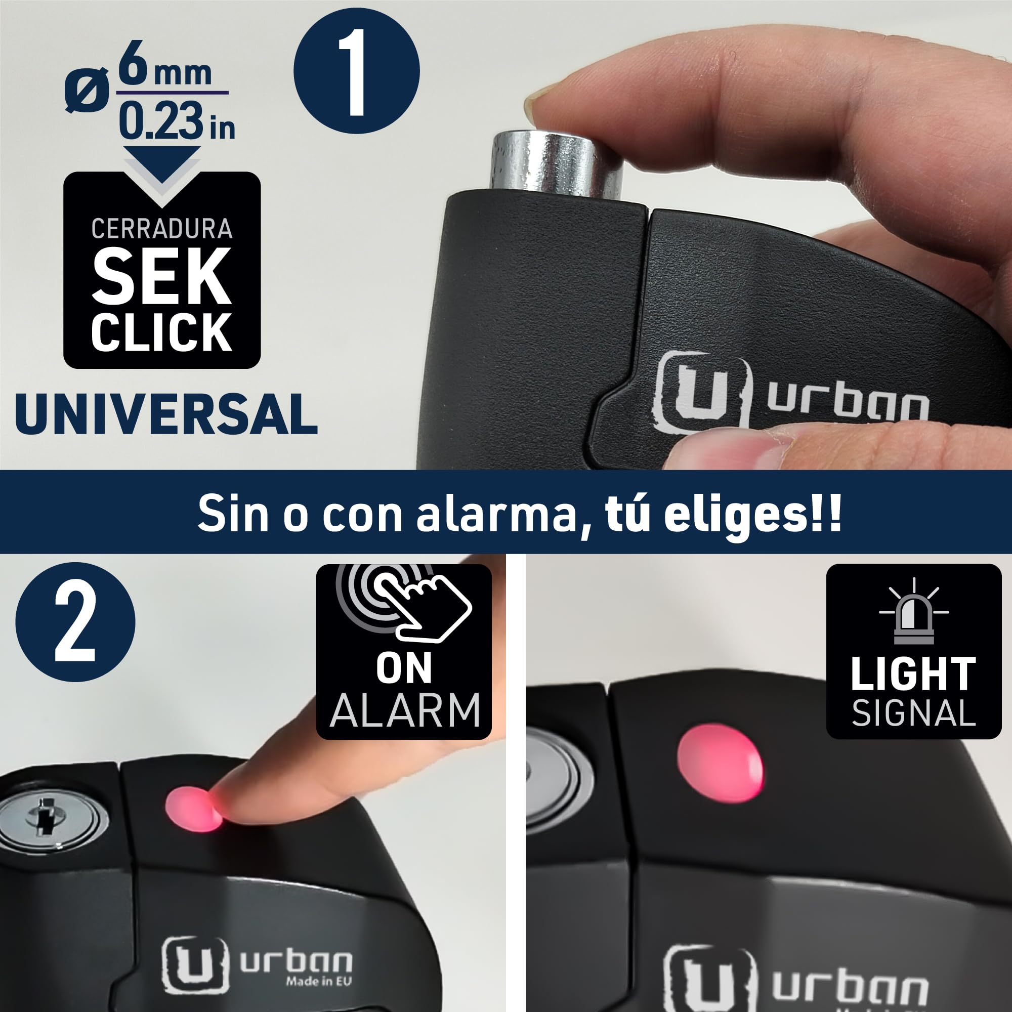 URBAN UR6B Candado Moto con Alarma Inteligente | Antirrobo Disco Más Eficaz | Hi-Tech, 120db, LED, Warning Sensibilidad A+, Pila CR2 Larga Duración, Más Impermeable, Pinza 6mm Universal Scooter Bici