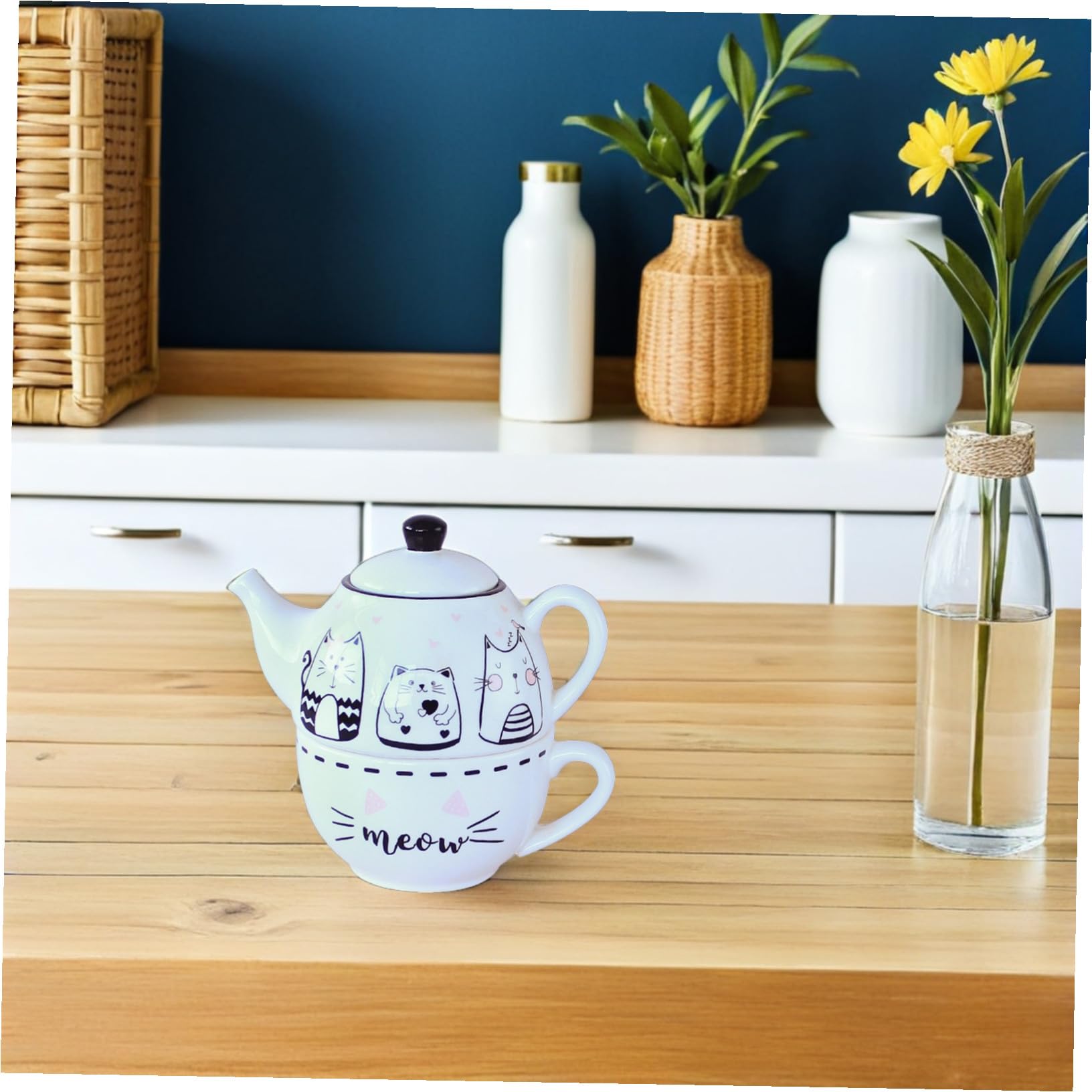 TOYANDONA Set Teiera e Tazza in Ceramica Motivo Gatti, Kit da Tè per Uso Domestico, Design Decorativo Bianco, Adatto per Casa, Ufficio e Regalo