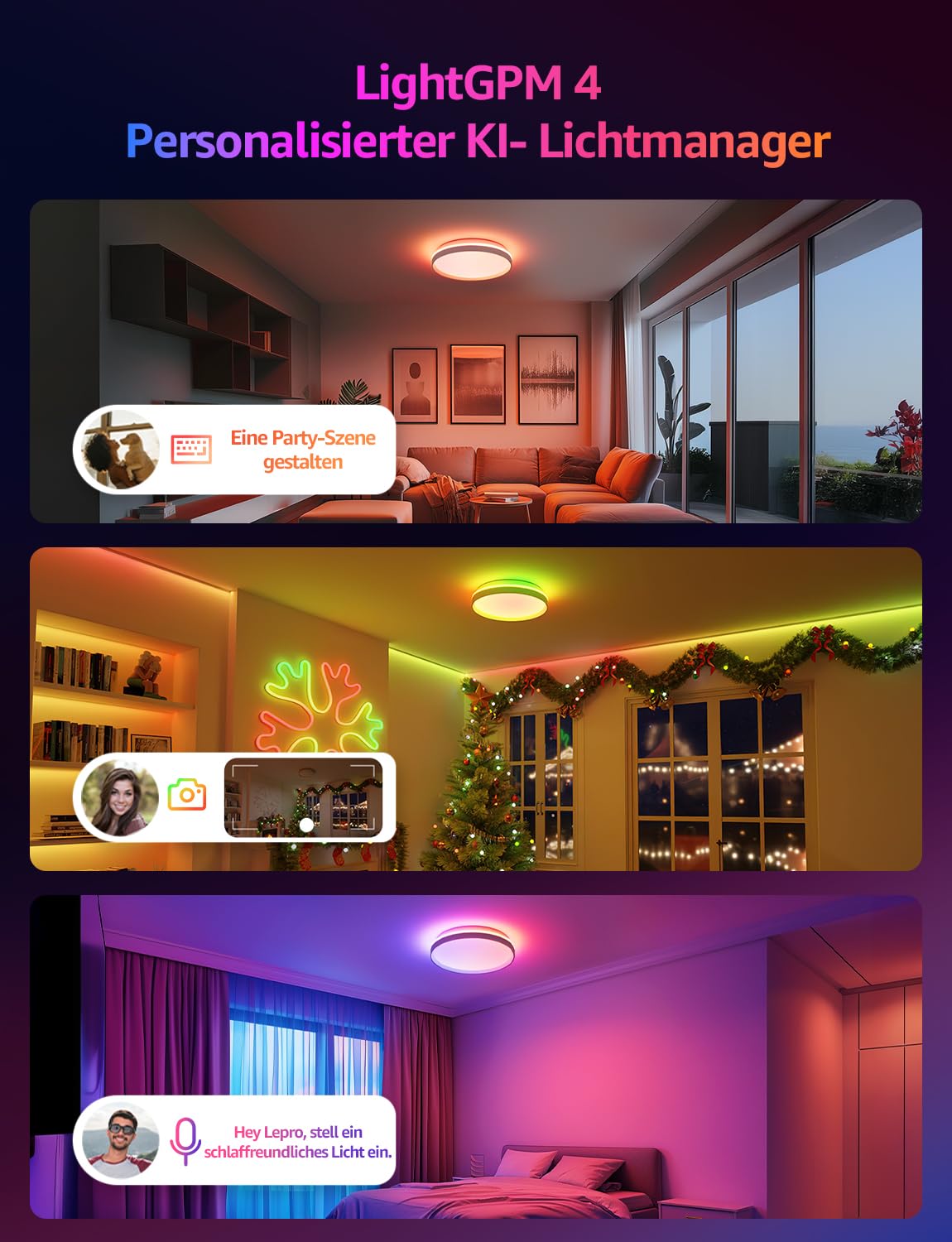 Lepro AI Smart Deckenlampe T1, Spracherkennung/Musik Sync, Deckenleuchte Dimmbar RGBCCT 24W 1800LM IP44 Wasserdicht, Personalisierter KI-Lichtdesigner, WiFi & Bluetooth, Kompatibel mit Alexa/Google