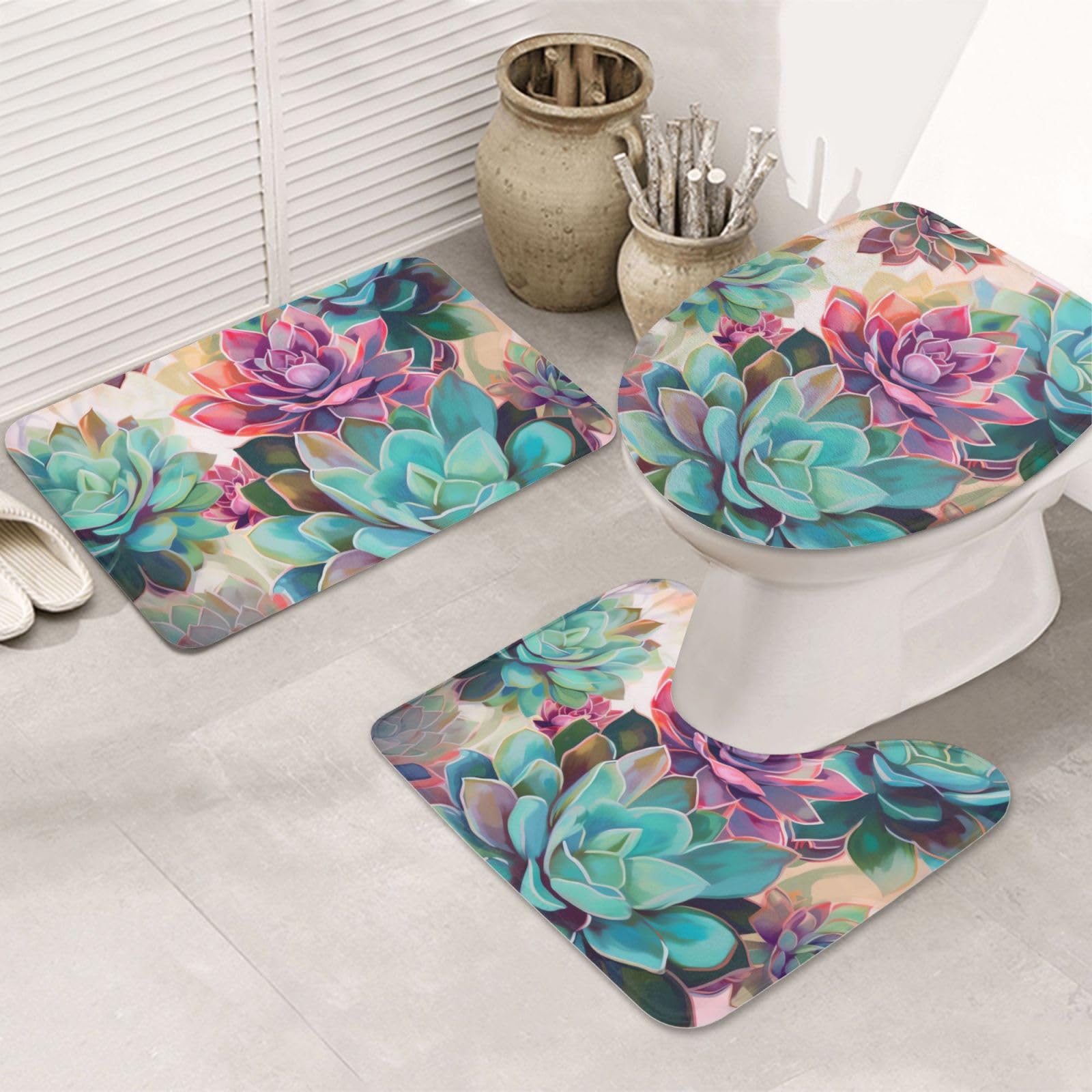 OUSIKA Tappetino da bagno colorato con stampa succulenta 3 pezzi inclusi tappetino contorno tappetini assorbenti bagno copertura WC per bagno