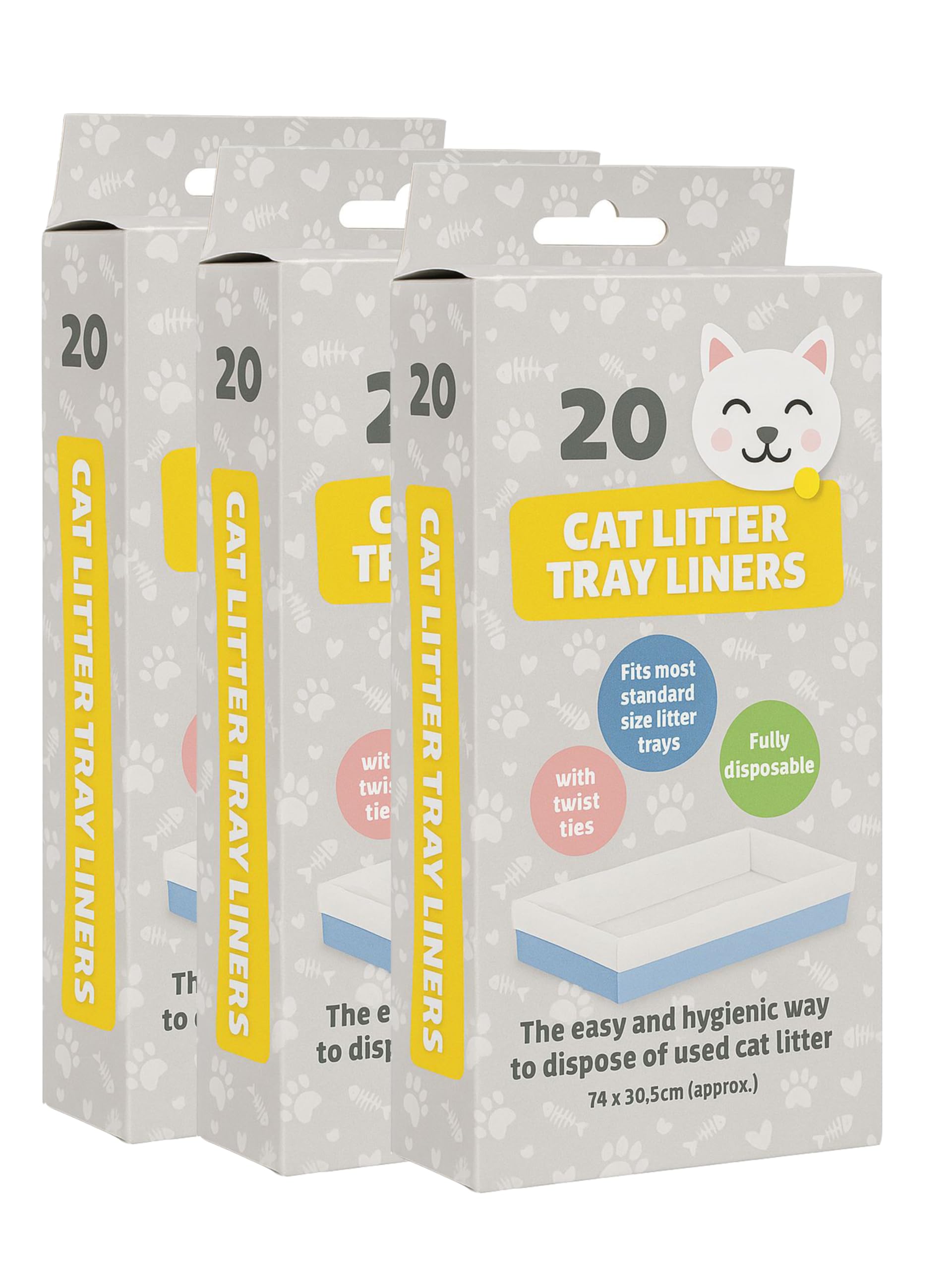 Pet Guru White Cat Litter Tray Liners, Pack Of 20, Strong Quality With Twist Ties, Fully Disposable Fits Standard Size Trays (60)