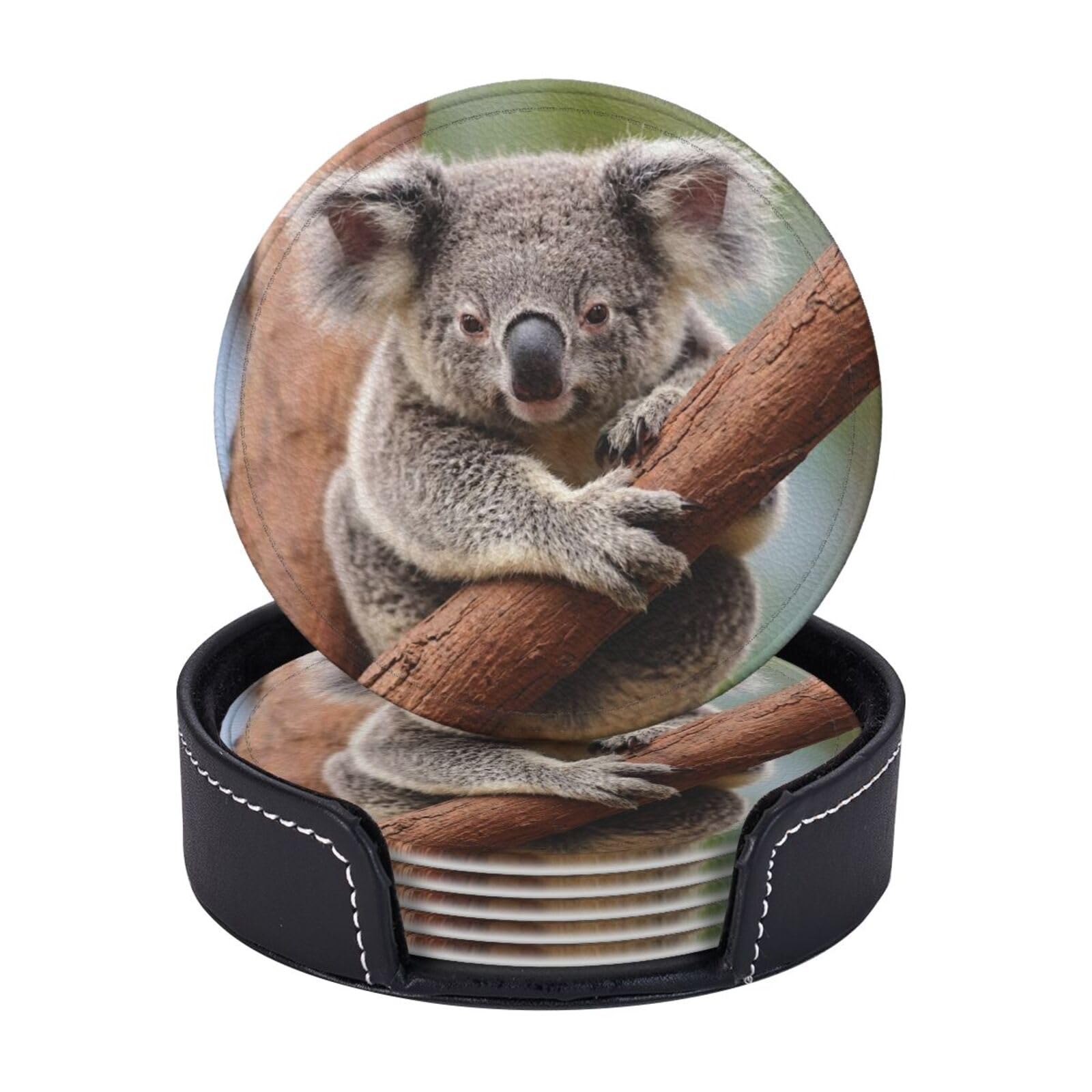 Coasters Set of 6 Leather Drink Coasters with Holder Little Corgi Coasters for Drinks Heat Resistant Coaster Round Coffee Cup Mat Pad for Kitchen Office Home Decor