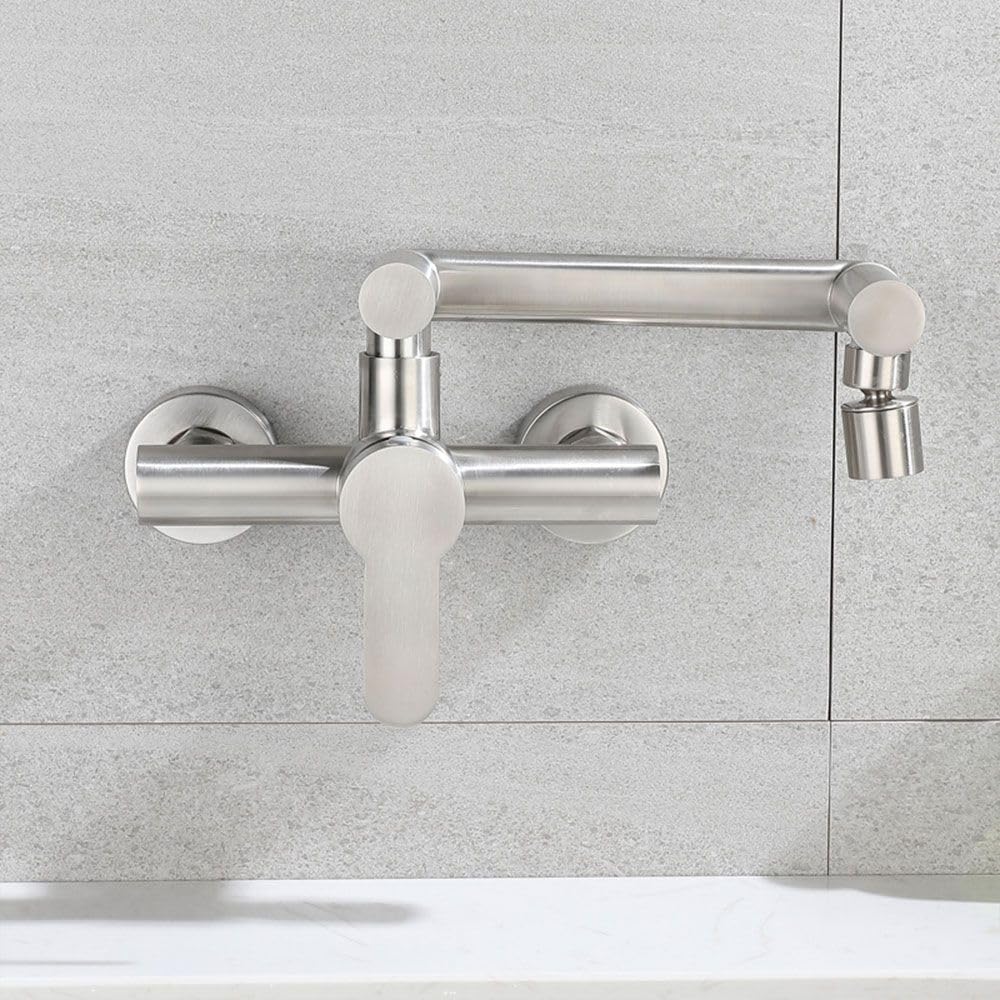HomeLava Faltbar Wasserhahn Küche Wandarmatur mit 2 Wasserstrahlarten, Spültischarmatur 360° Schwenkbar, Einfache Montage Küchenarmatur Wandmontage aus 304 Edelstahl, Matt