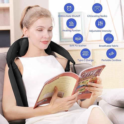 Miniatura 9 de Masajeador de cuello con calor  Masajeador inalámbrico Shiatsu de cuello y espalda para aliviar el dolor de tejido profundo, amasado 6D recargable