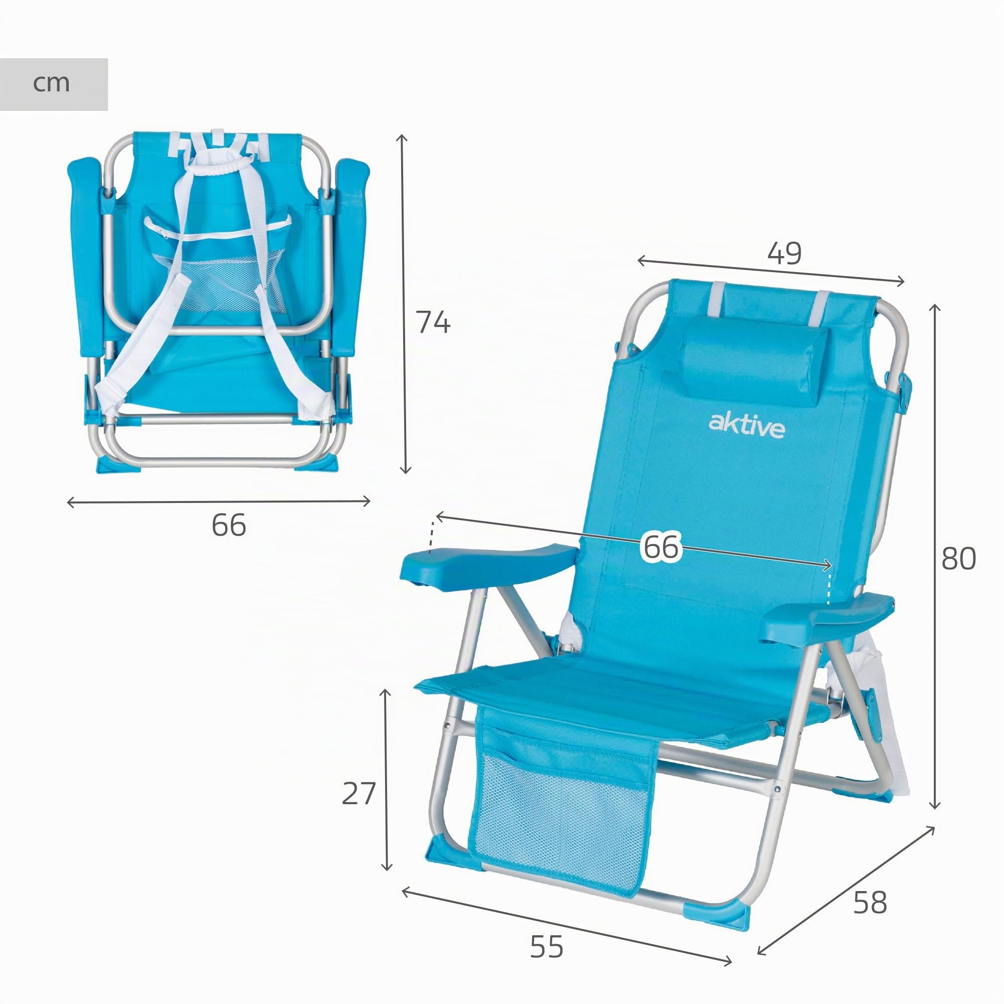 AKTIVE Beach - Chaise Pliante Sac à Dos avec Poignée, Coussin, Sac et Poche. Chaise de Plage, Camping ou Jardin Basse avec Dossier Réglable 5 Positions, Turquoise